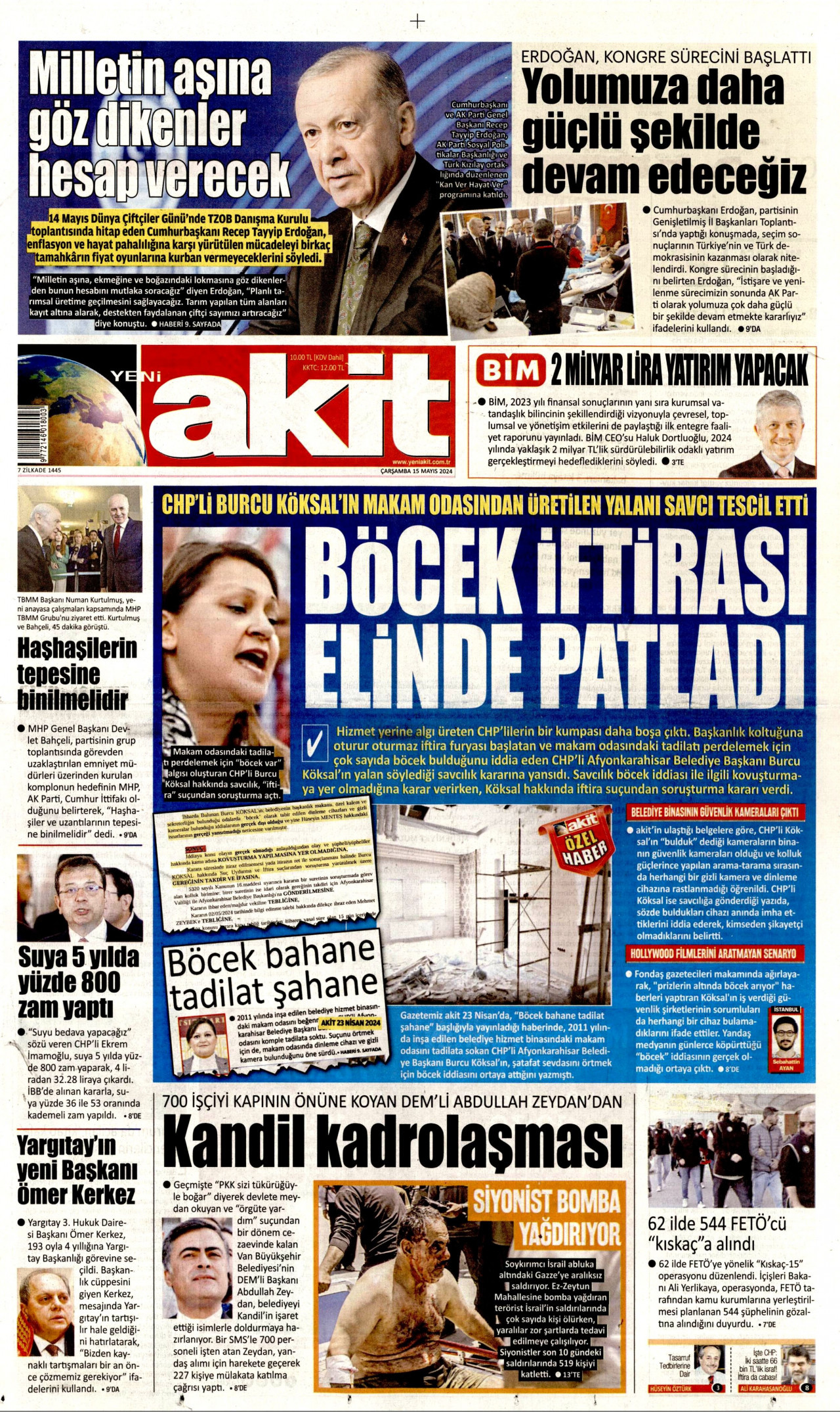 YENİ AKİT gazetesinin 15 Mayıs 2024 tarihli birinci sayfası
