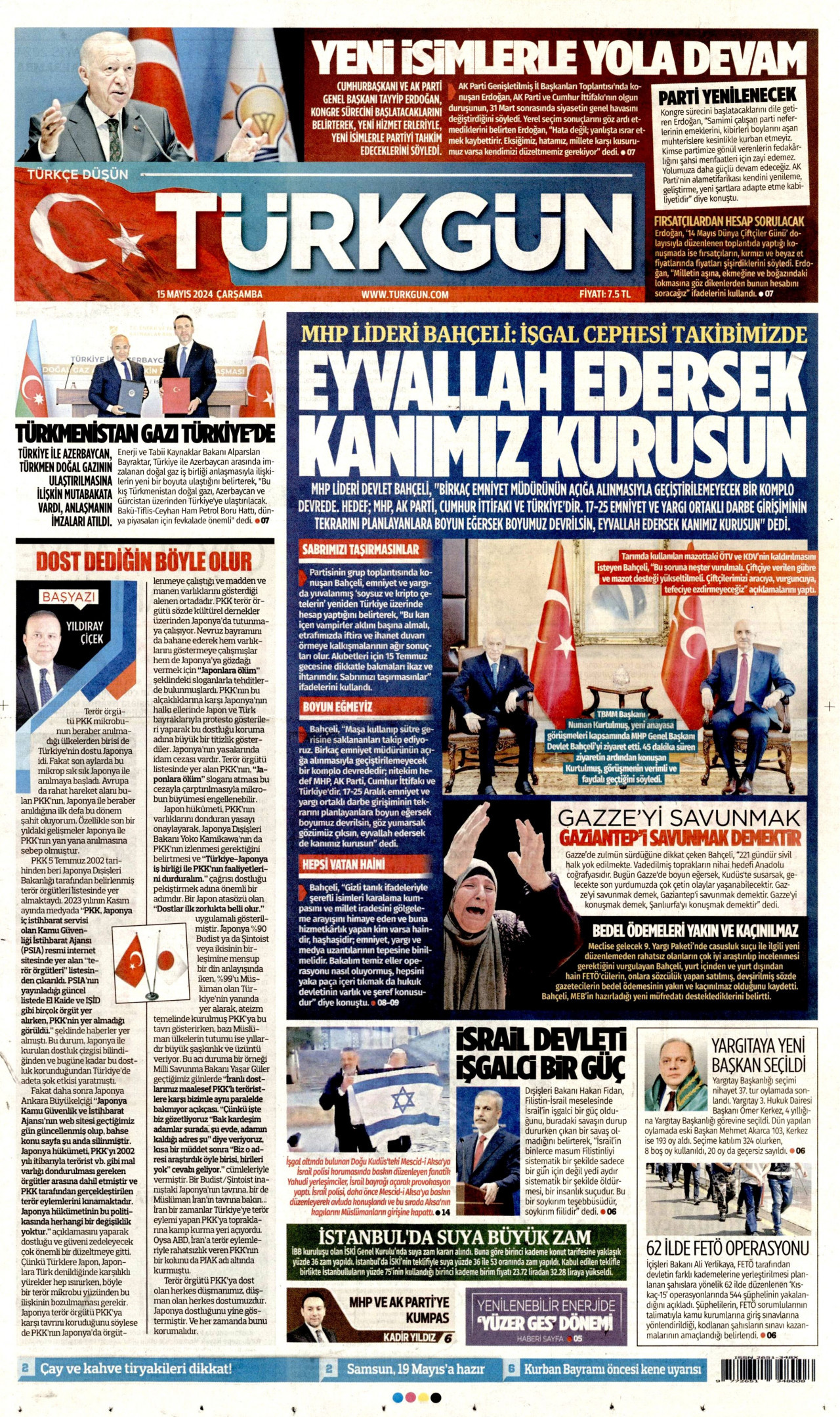 TÜRKGÜN gazetesinin 15 Mayıs 2024 tarihli birinci sayfası