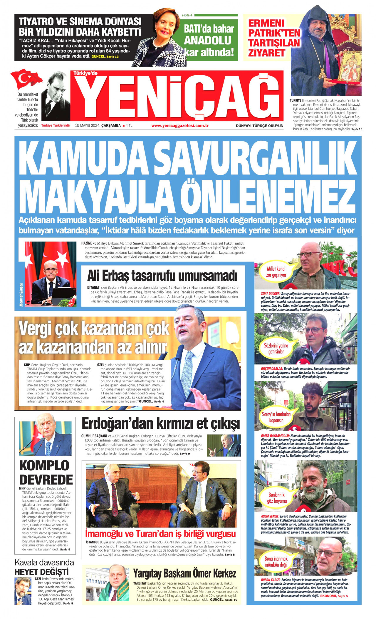 YENİÇAĞ gazetesinin 15 Mayıs 2024 tarihli birinci sayfası