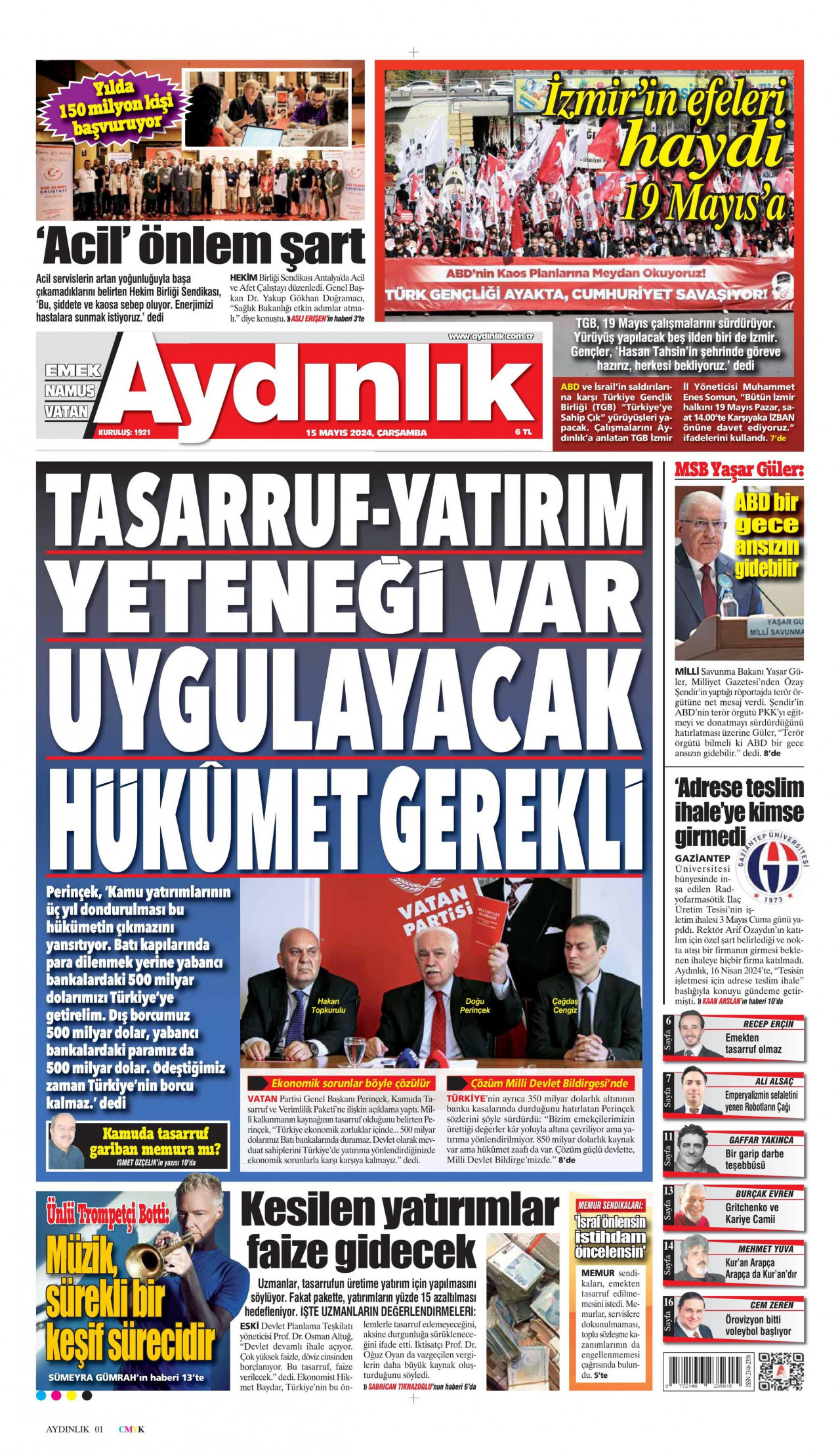 AYDINLIK GAZETESİ gazetesinin 15 Mayıs 2024 tarihli birinci sayfası