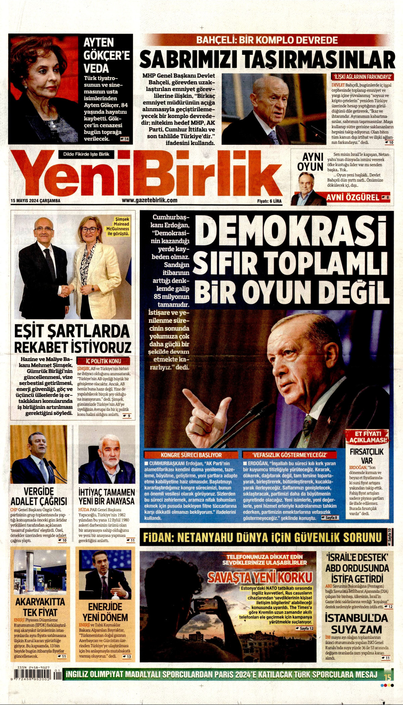 YENİBİRLİK gazetesinin 15 Mayıs 2024 tarihli birinci sayfası