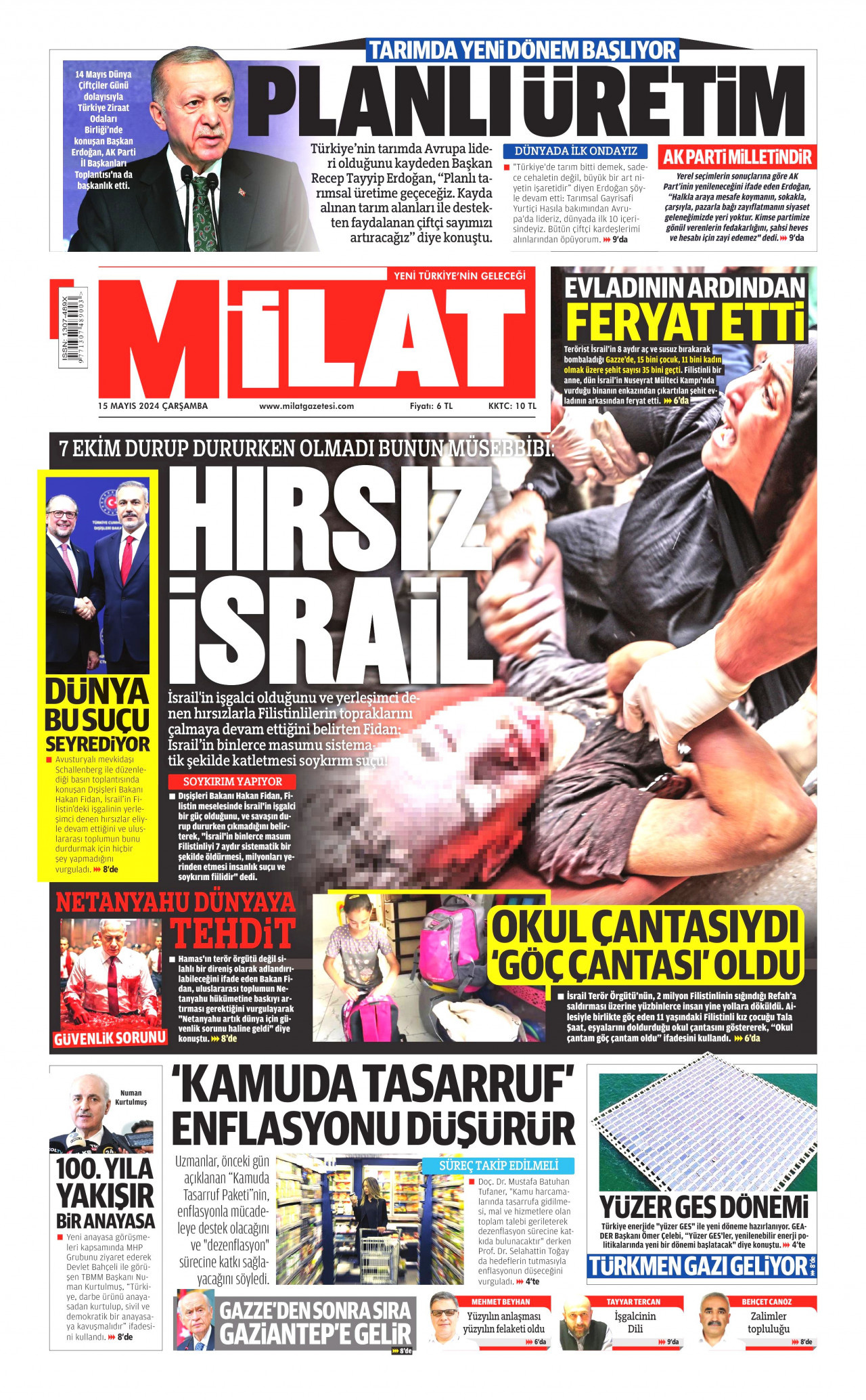 MİLAT gazetesinin 15 Mayıs 2024 tarihli birinci sayfası