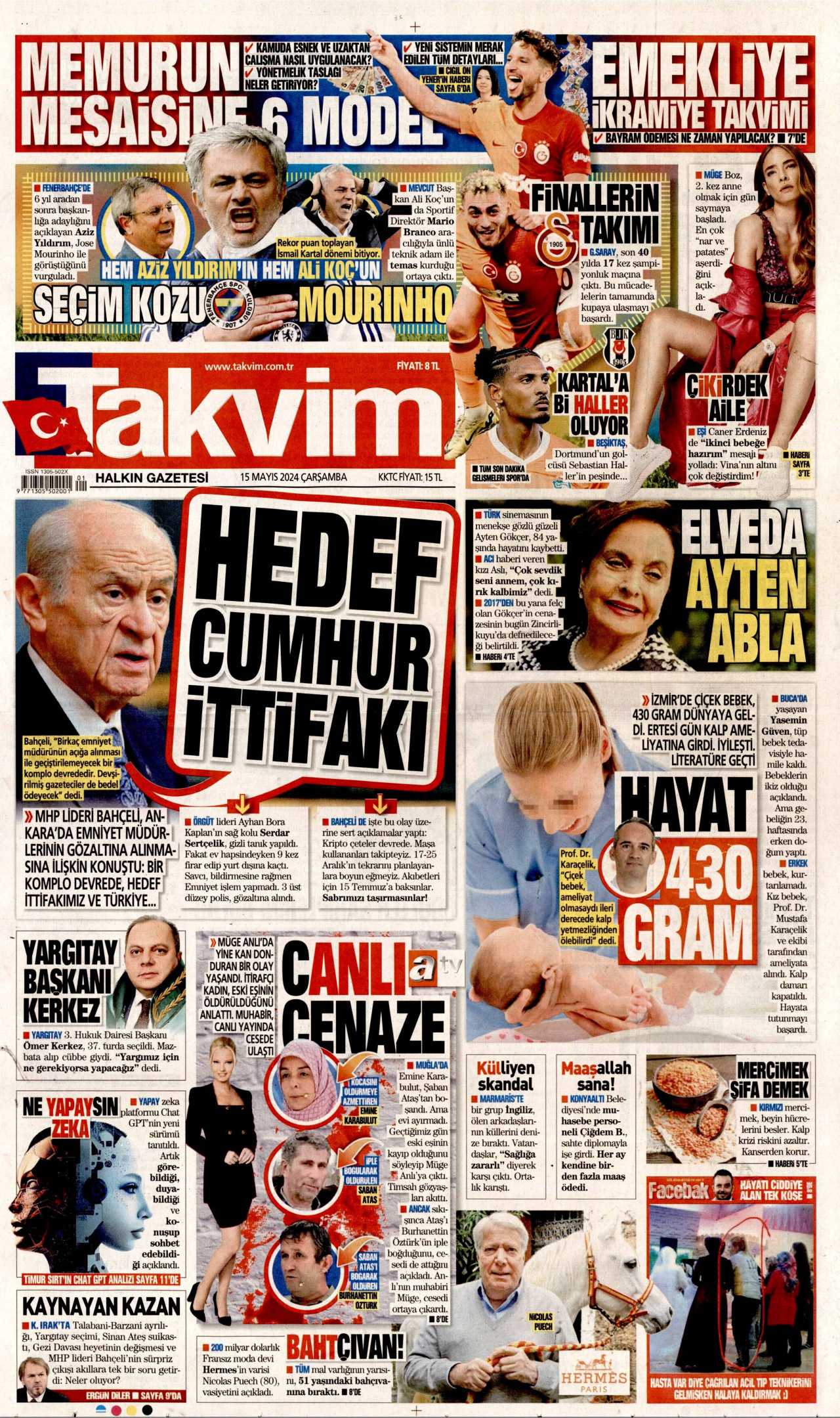 TAKVİM gazetesinin 15 Mayıs 2024 tarihli birinci sayfası