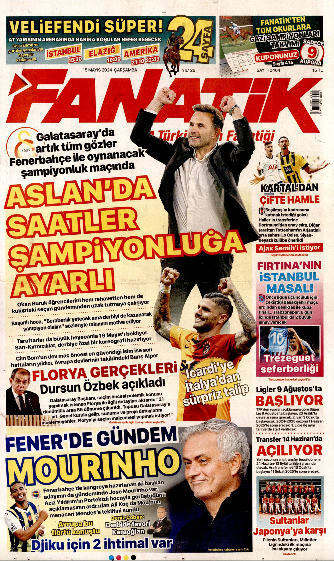 FANATİK gazetesinin 15 Mayıs 2024 tarihli birinci sayfası