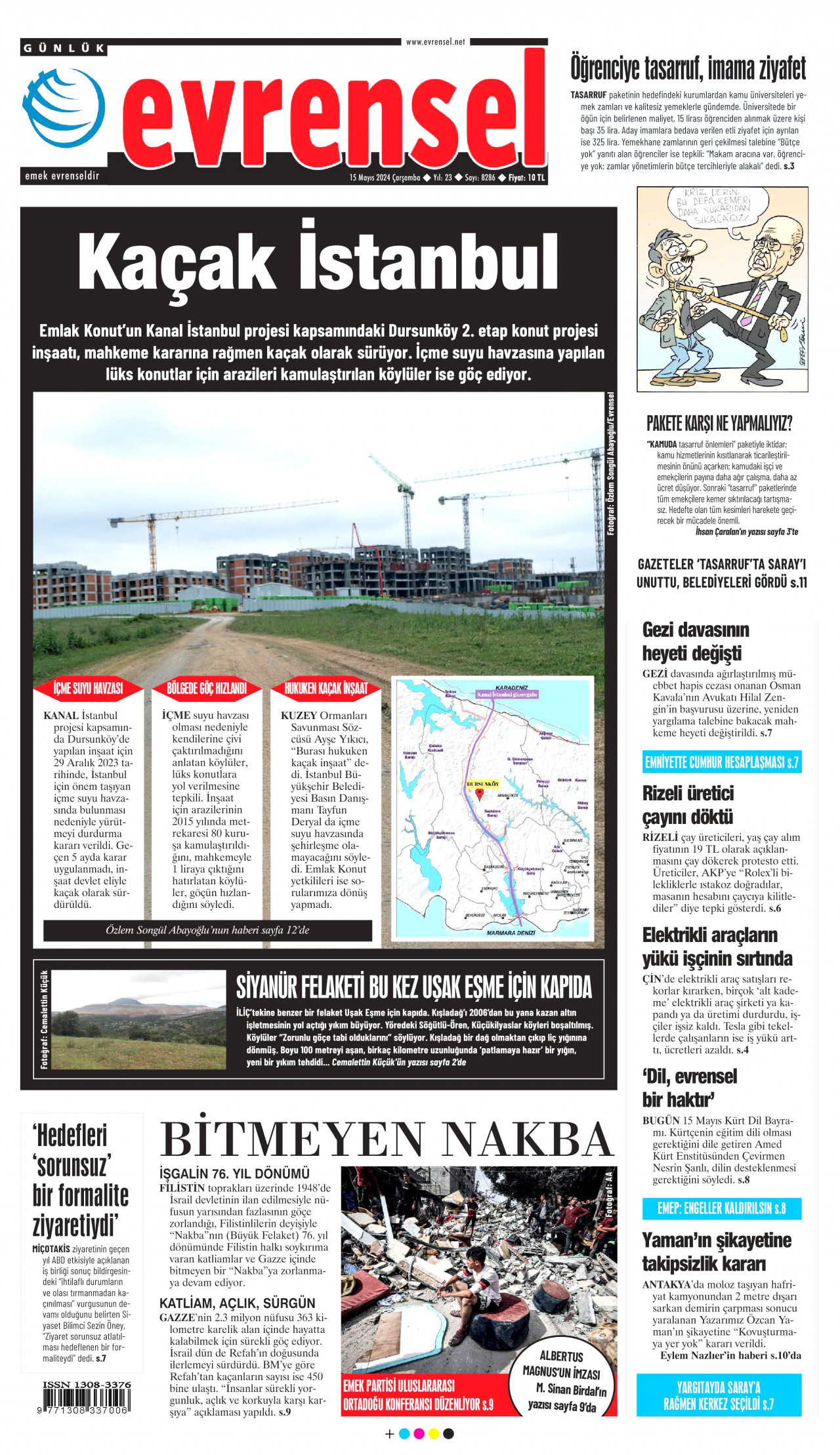 EVRENSEL gazetesinin 15 Mayıs 2024 tarihli birinci sayfası