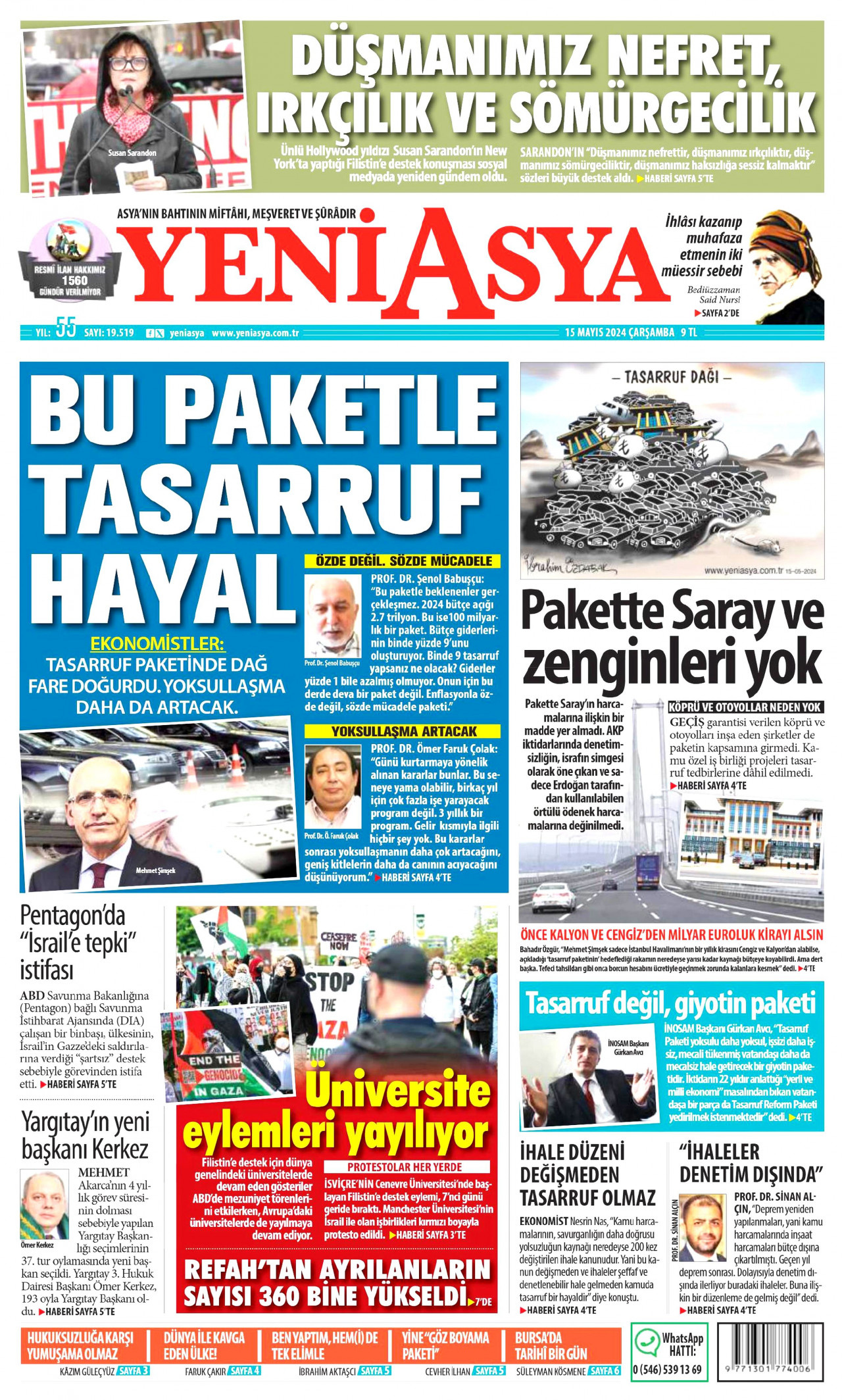 YENİ ASYA gazetesinin 15 Mayıs 2024 tarihli birinci sayfası