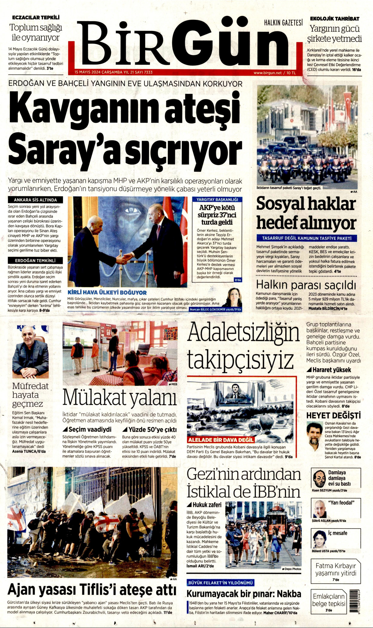 BİRGÜN gazetesinin 15 Mayıs 2024 tarihli birinci sayfası
