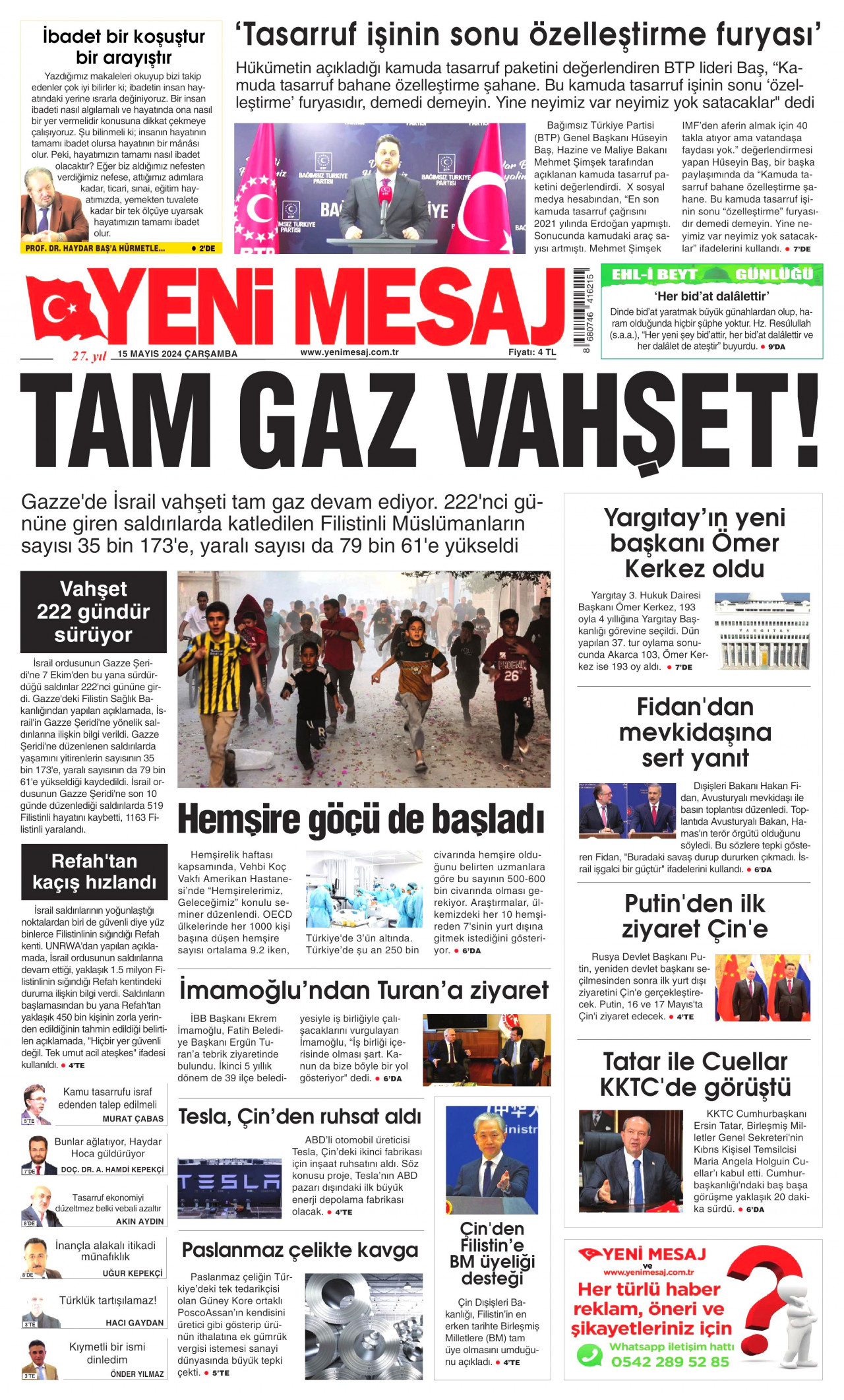 YENİ MESAJ gazetesinin 15 Mayıs 2024 tarihli birinci sayfası