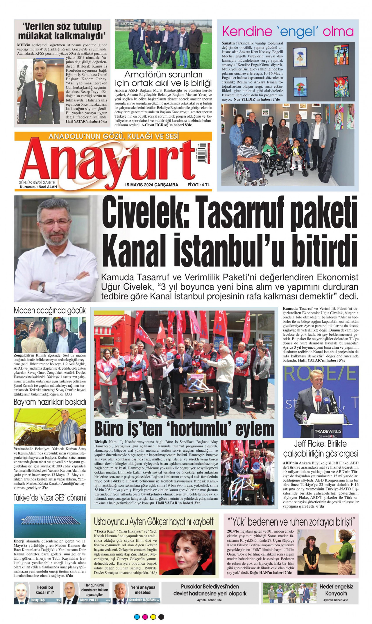 ANAYURT gazetesinin 15 Mayıs 2024 tarihli birinci sayfası