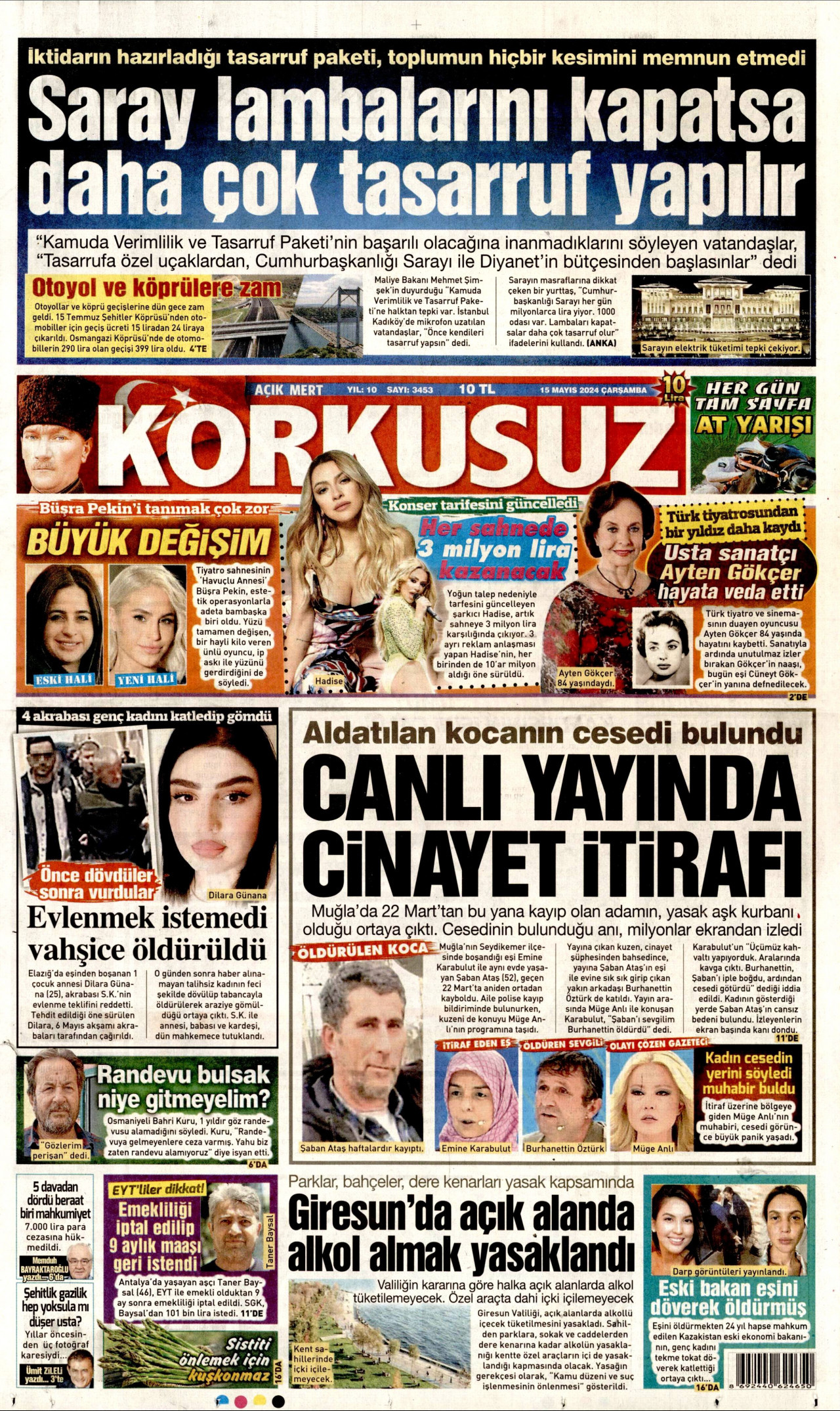 KORKUSUZ gazetesinin 15 Mayıs 2024 tarihli birinci sayfası