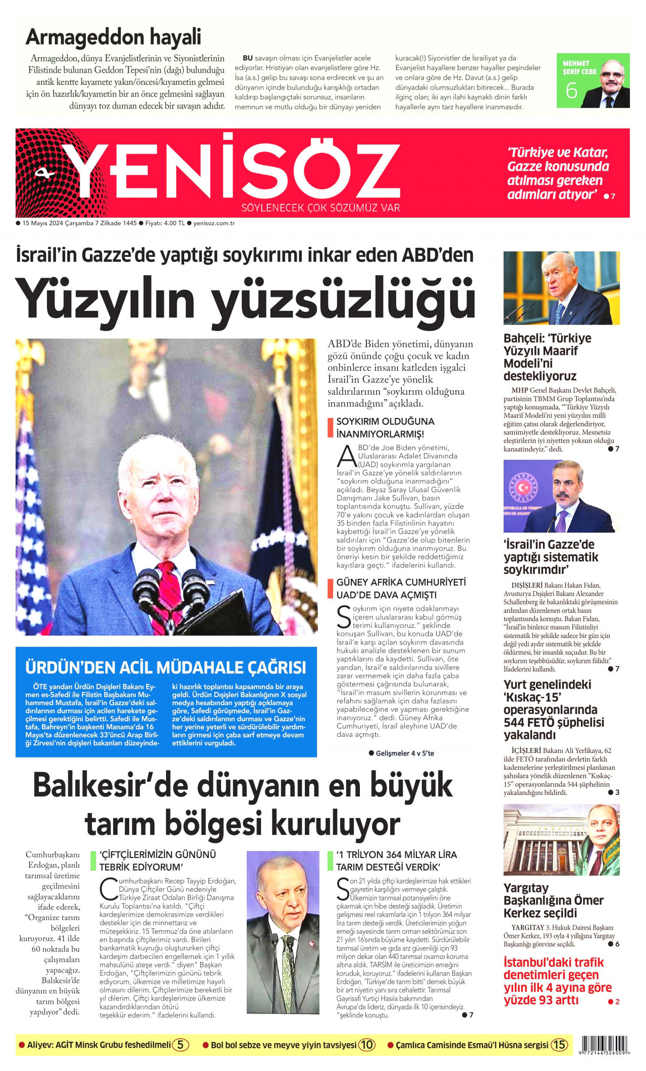 YENİ SÖZ GAZETESİ gazetesinin 15 Mayıs 2024 tarihli birinci sayfası