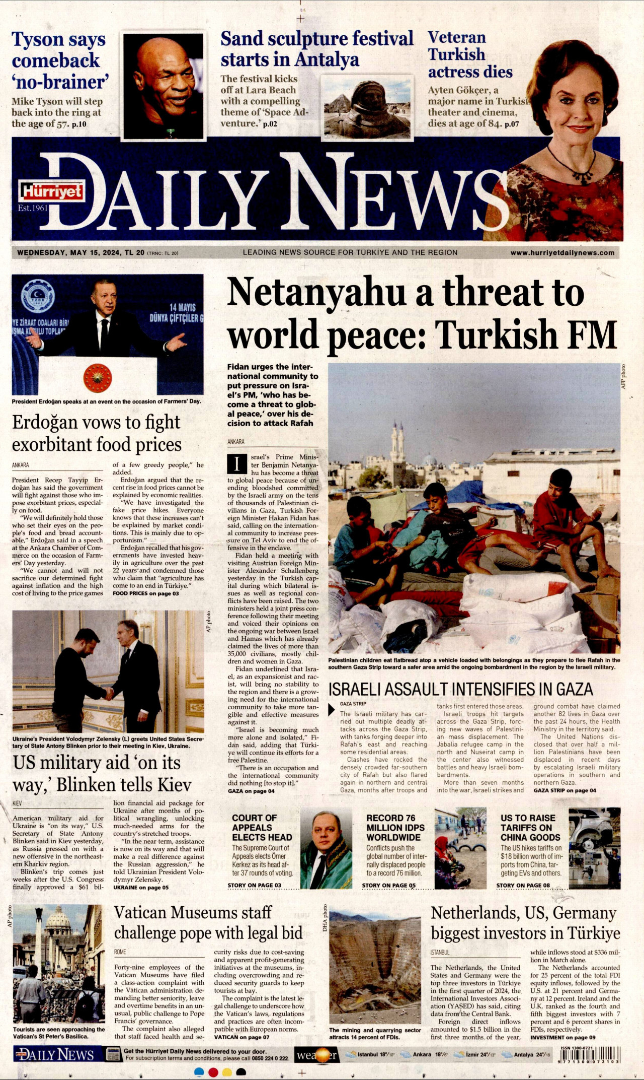 HÜRRİYET DAİLY NEWS gazetesinin 15 Mayıs 2024 tarihli birinci sayfası