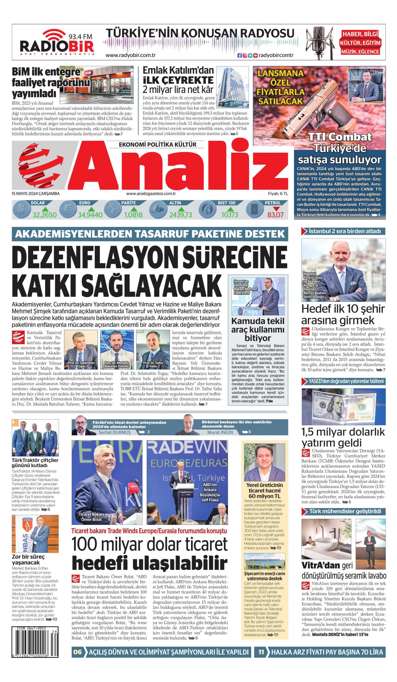 ANALİZ gazetesinin 15 Mayıs 2024 tarihli birinci sayfası