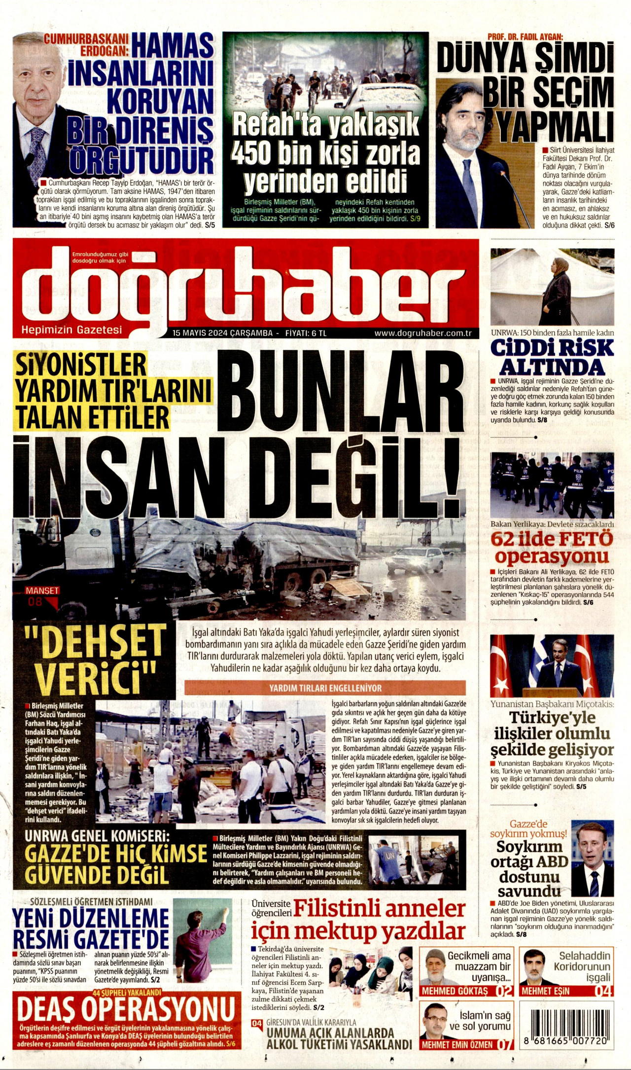 DOĞRU HABER gazetesinin 15 Mayıs 2024 tarihli birinci sayfası