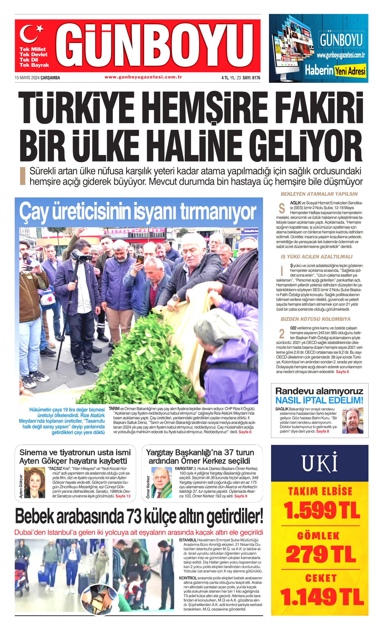 GÜNBOYU gazetesinin 15 Mayıs 2024 tarihli birinci sayfası