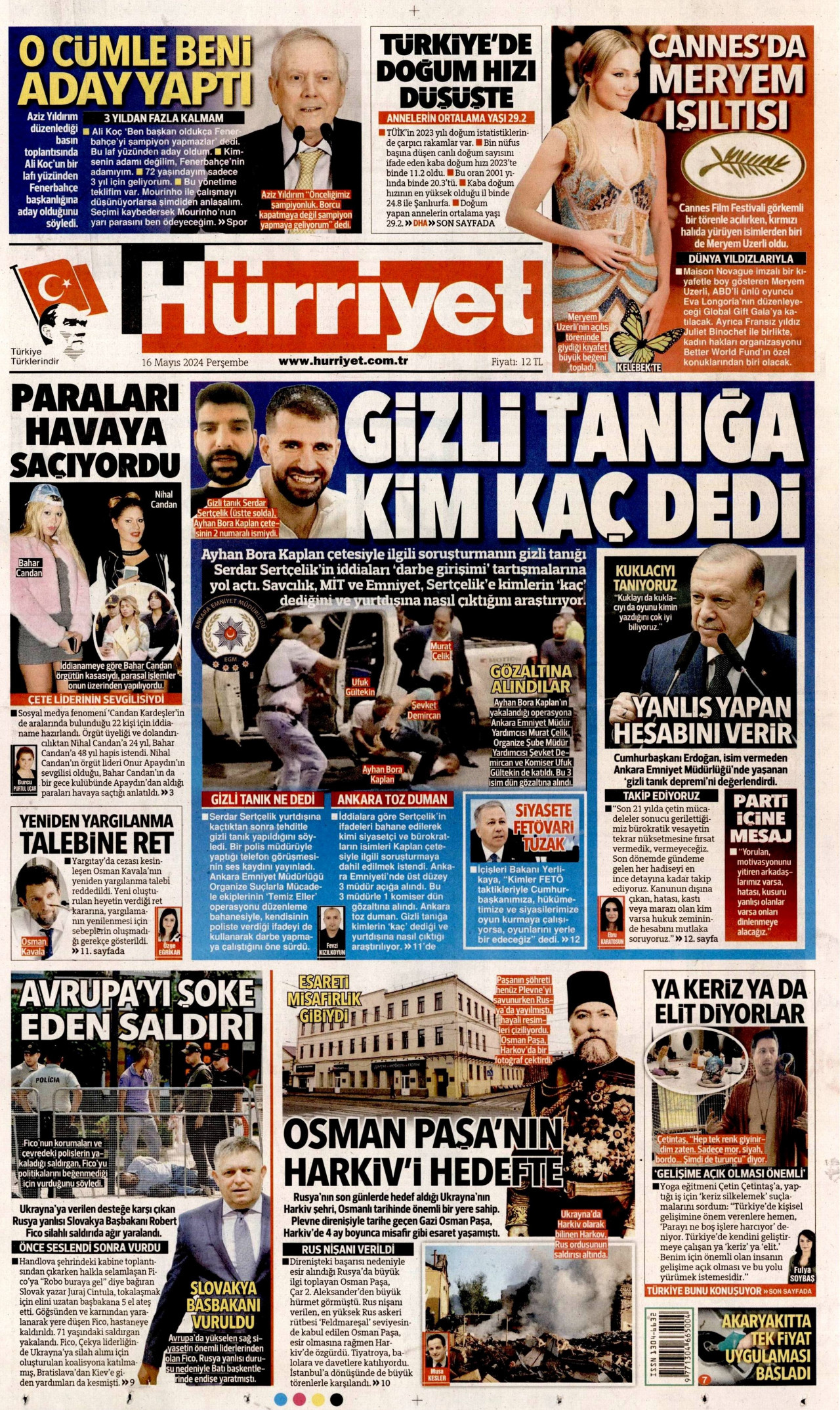 HÜRRİYET gazetesinin 16 Mayıs 2024 tarihli birinci sayfası