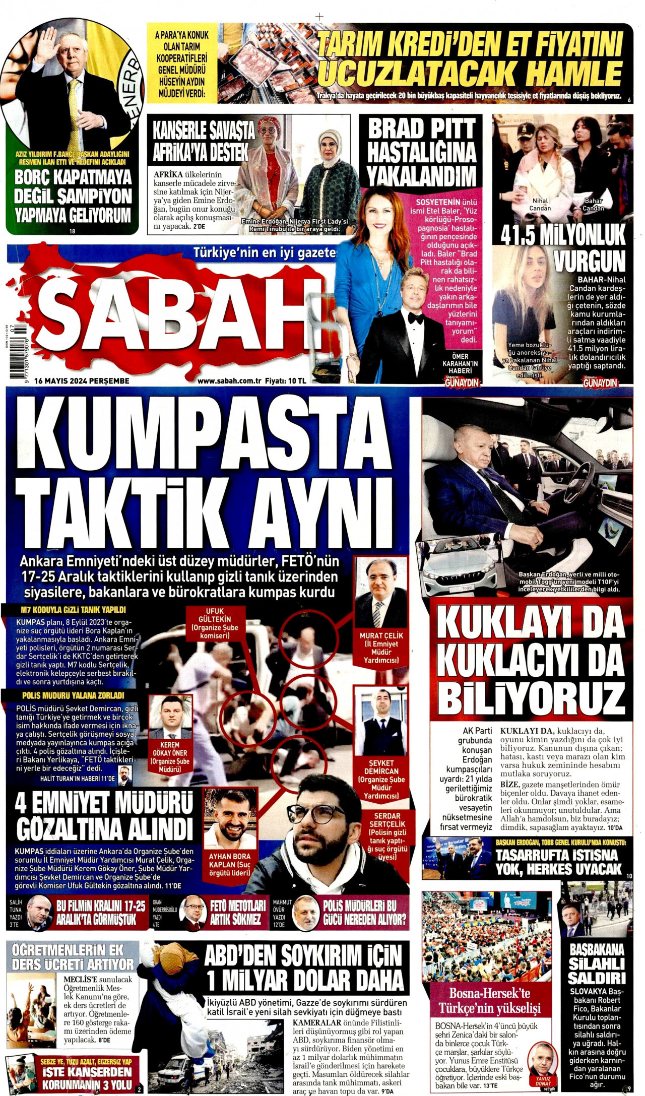 SABAH gazetesinin 16 Mayıs 2024 tarihli birinci sayfası