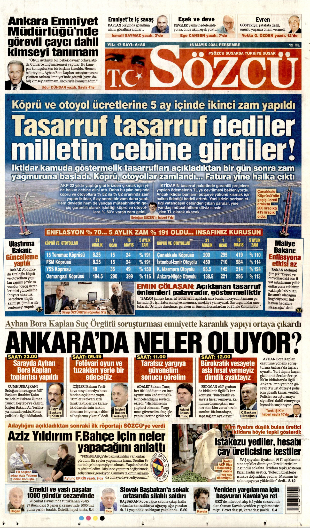 SÖZCÜ gazetesinin 16 Mayıs 2024 tarihli birinci sayfası