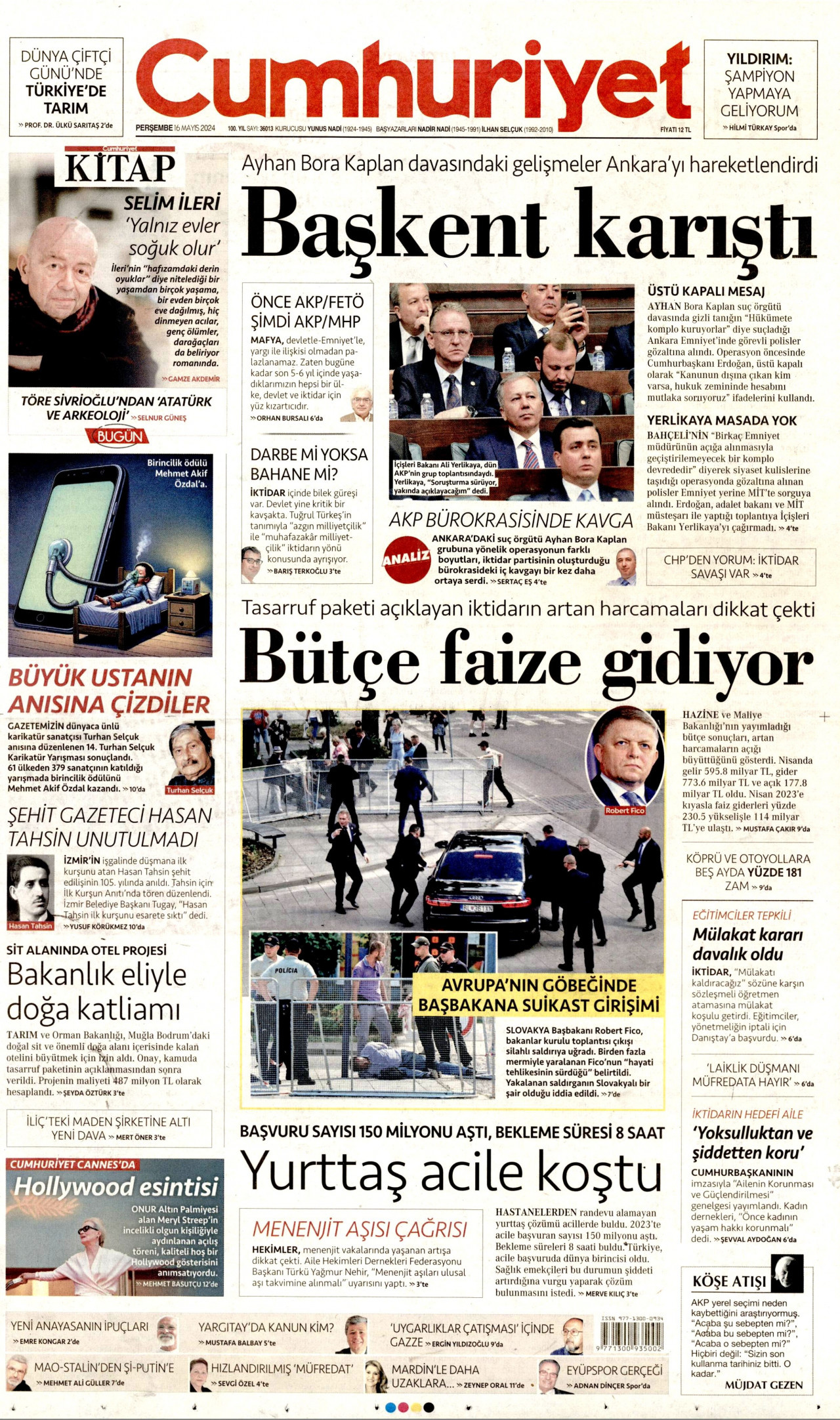 CUMHURİYET gazetesinin 16 Mayıs 2024 tarihli birinci sayfası