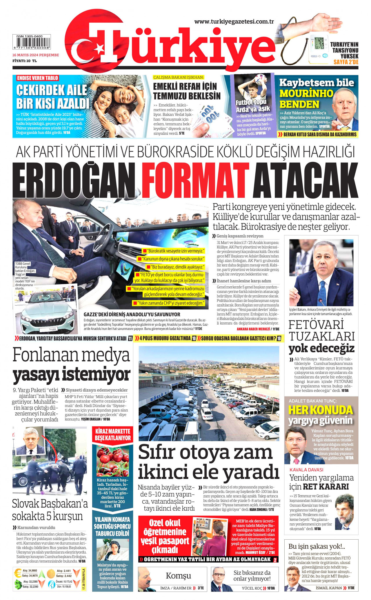 TÜRKİYE GAZETESİ gazetesinin 16 Mayıs 2024 tarihli birinci sayfası