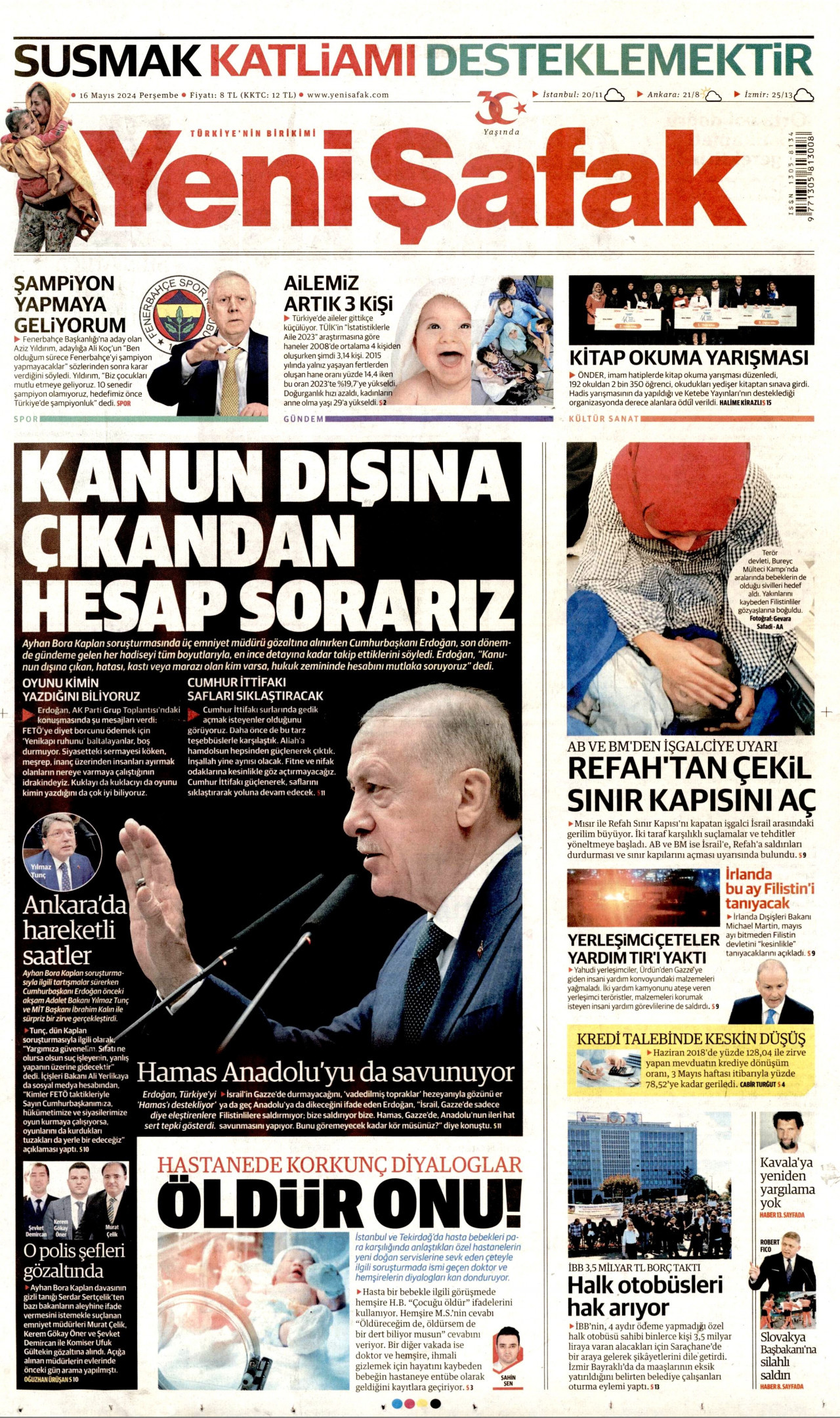 YENİ ŞAFAK gazetesinin 16 Mayıs 2024 tarihli birinci sayfası
