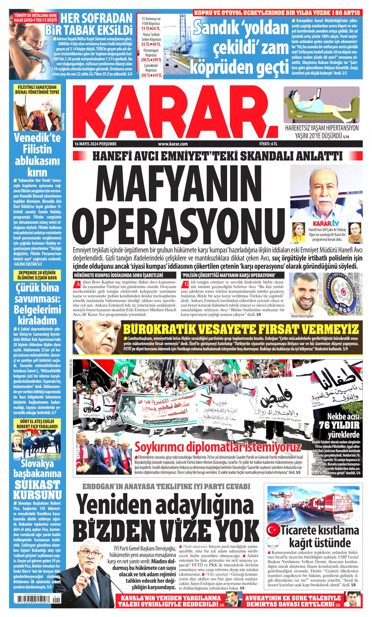 KARAR gazetesinin 16 Mayıs 2024 tarihli birinci sayfası