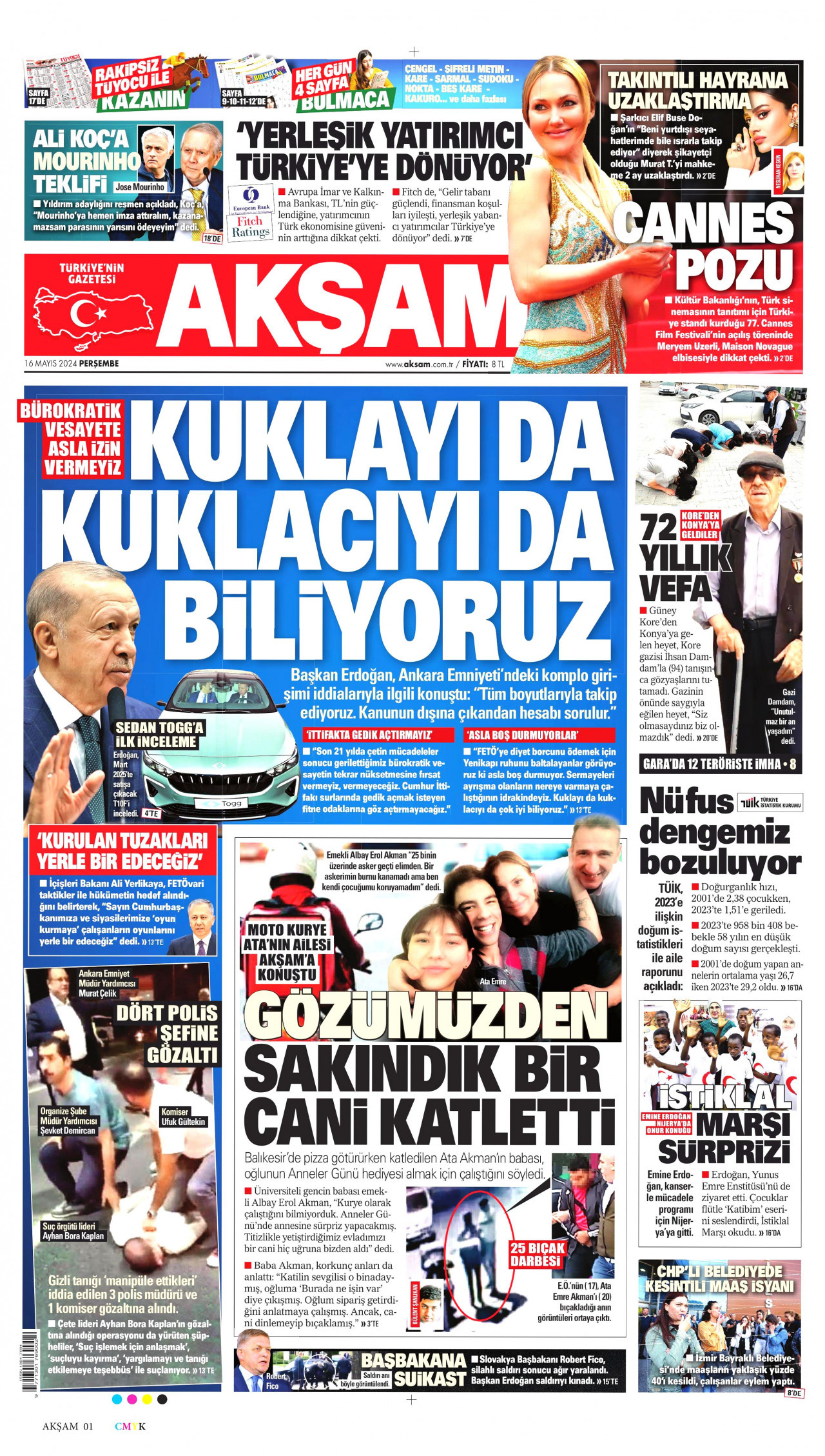 AKŞAM gazetesinin 16 Mayıs 2024 tarihli birinci sayfası