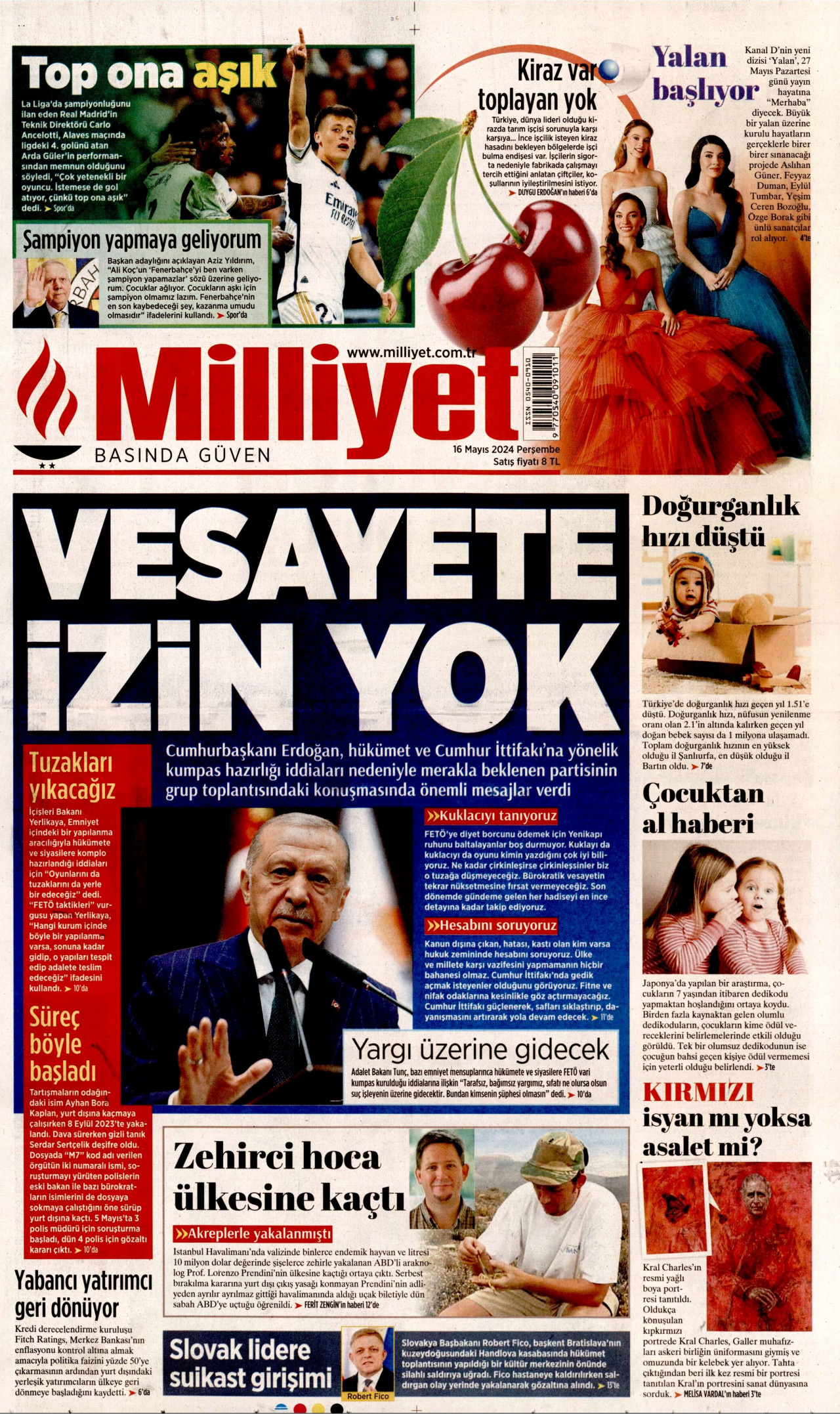 MİLLİYET gazetesinin 16 Mayıs 2024 tarihli birinci sayfası