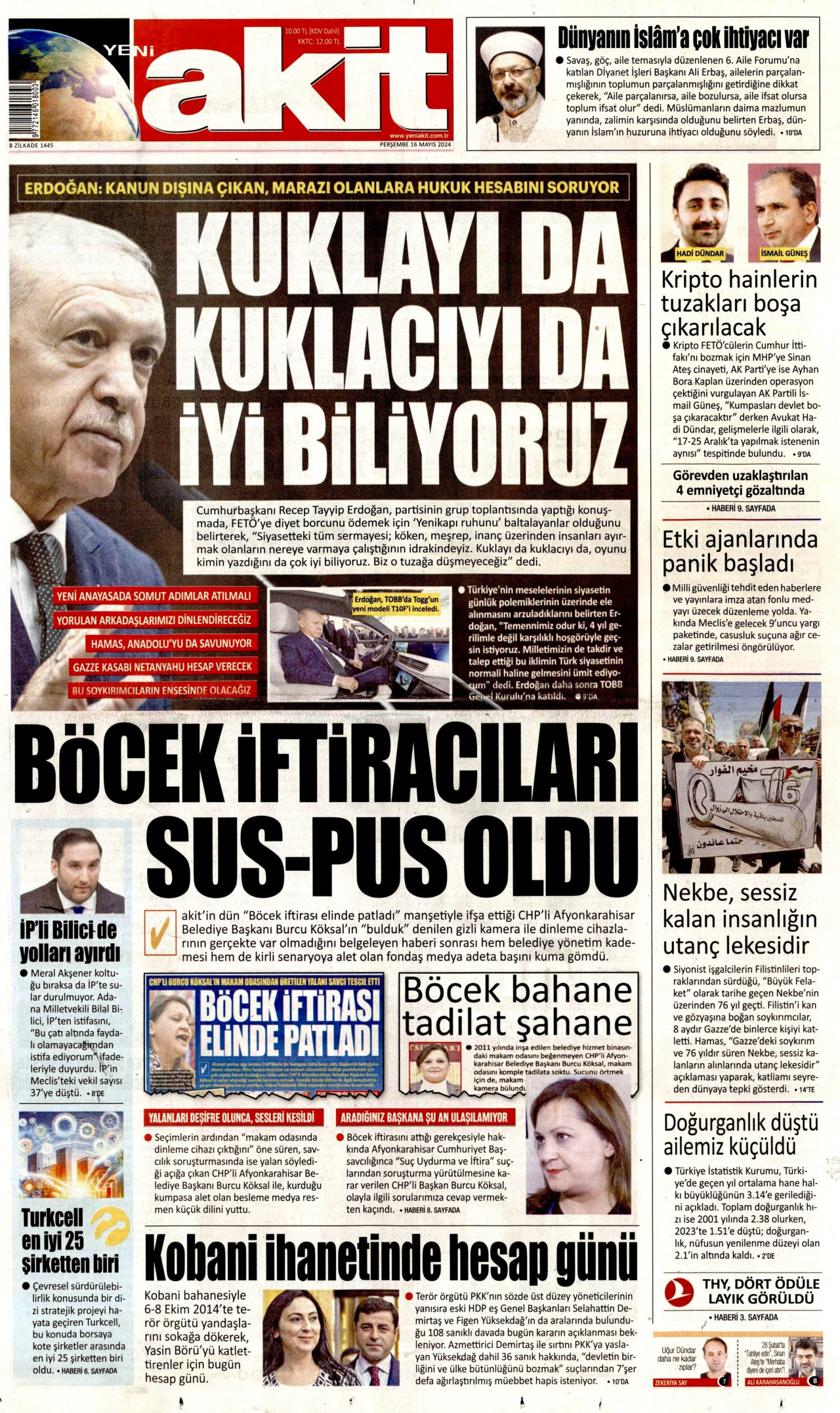 YENİ AKİT gazetesinin 16 Mayıs 2024 tarihli birinci sayfası