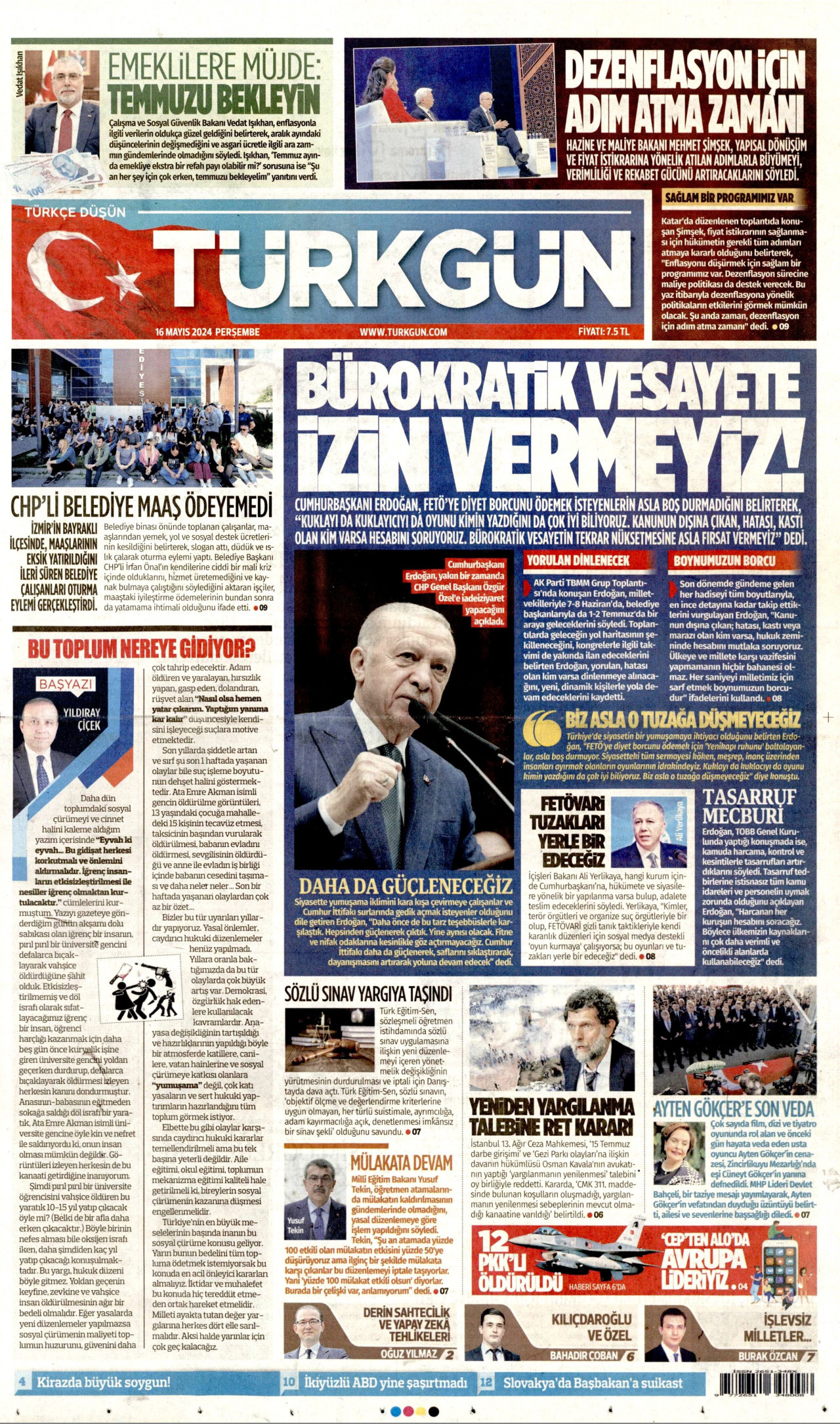 TÜRKGÜN gazetesinin 16 Mayıs 2024 tarihli birinci sayfası