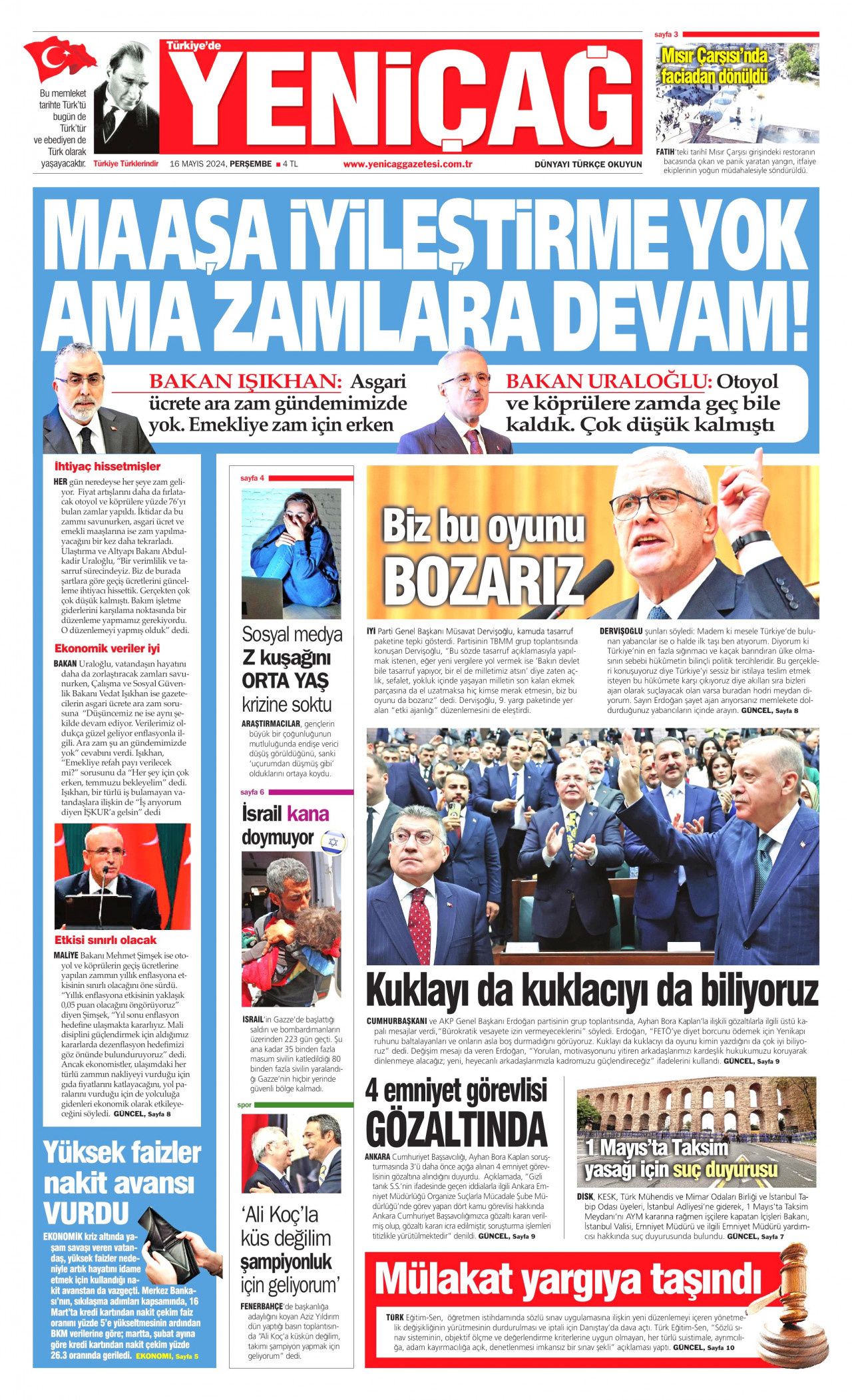 YENİÇAĞ gazetesinin 16 Mayıs 2024 tarihli birinci sayfası