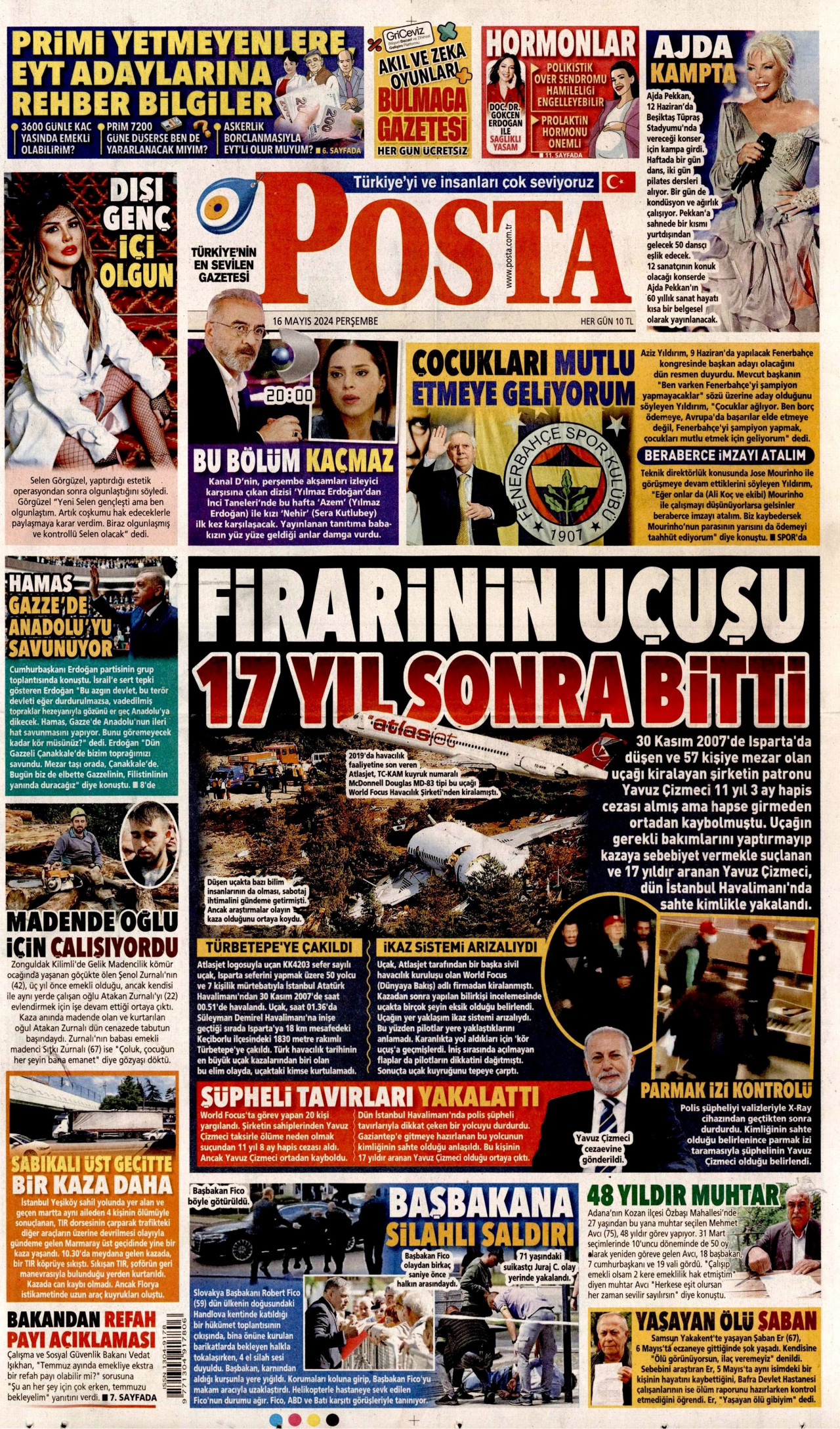 POSTA gazetesinin 16 Mayıs 2024 tarihli birinci sayfası