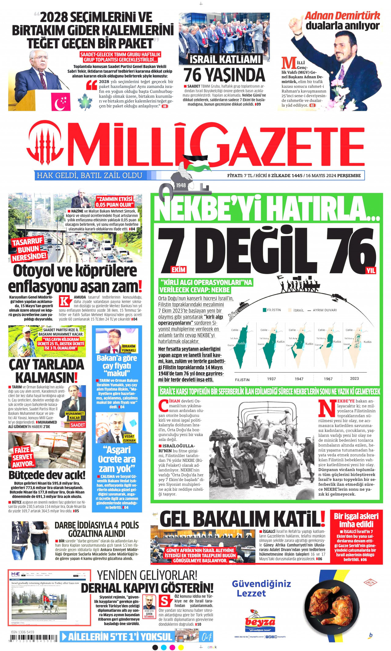 MİLLİ GAZETE gazetesinin 16 Mayıs 2024 tarihli birinci sayfası