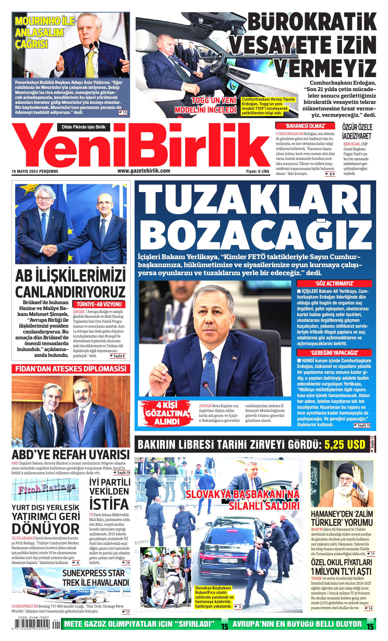 YENİBİRLİK gazetesinin 16 Mayıs 2024 tarihli birinci sayfası