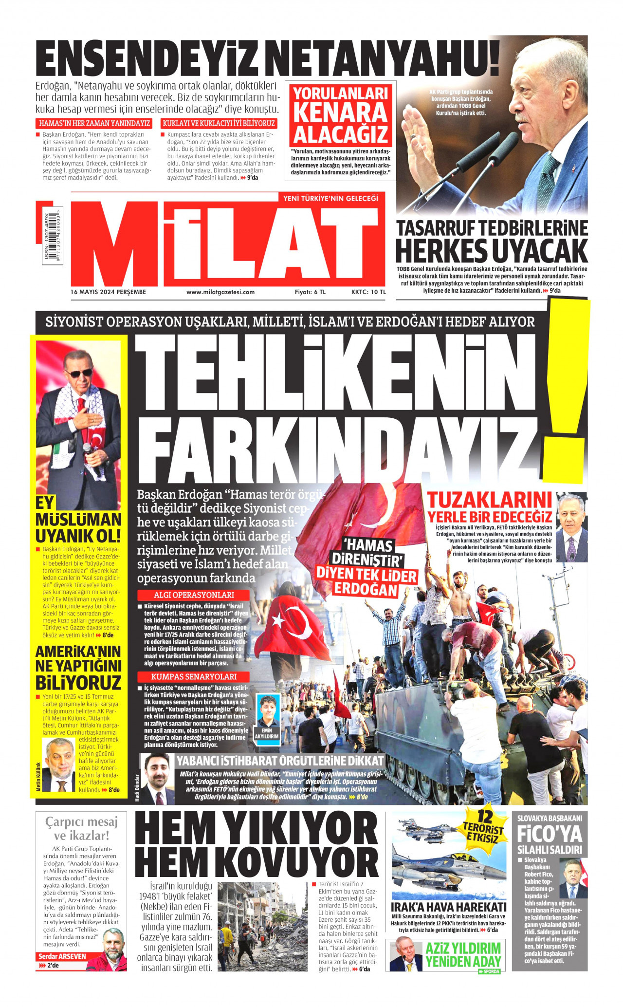 MİLAT gazetesinin 16 Mayıs 2024 tarihli birinci sayfası