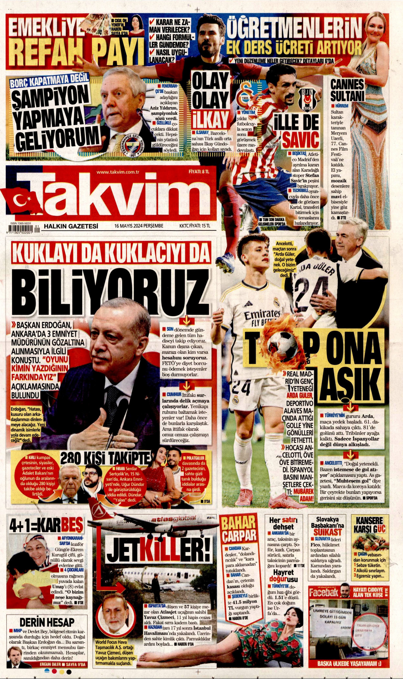 TAKVİM gazetesinin 16 Mayıs 2024 tarihli birinci sayfası