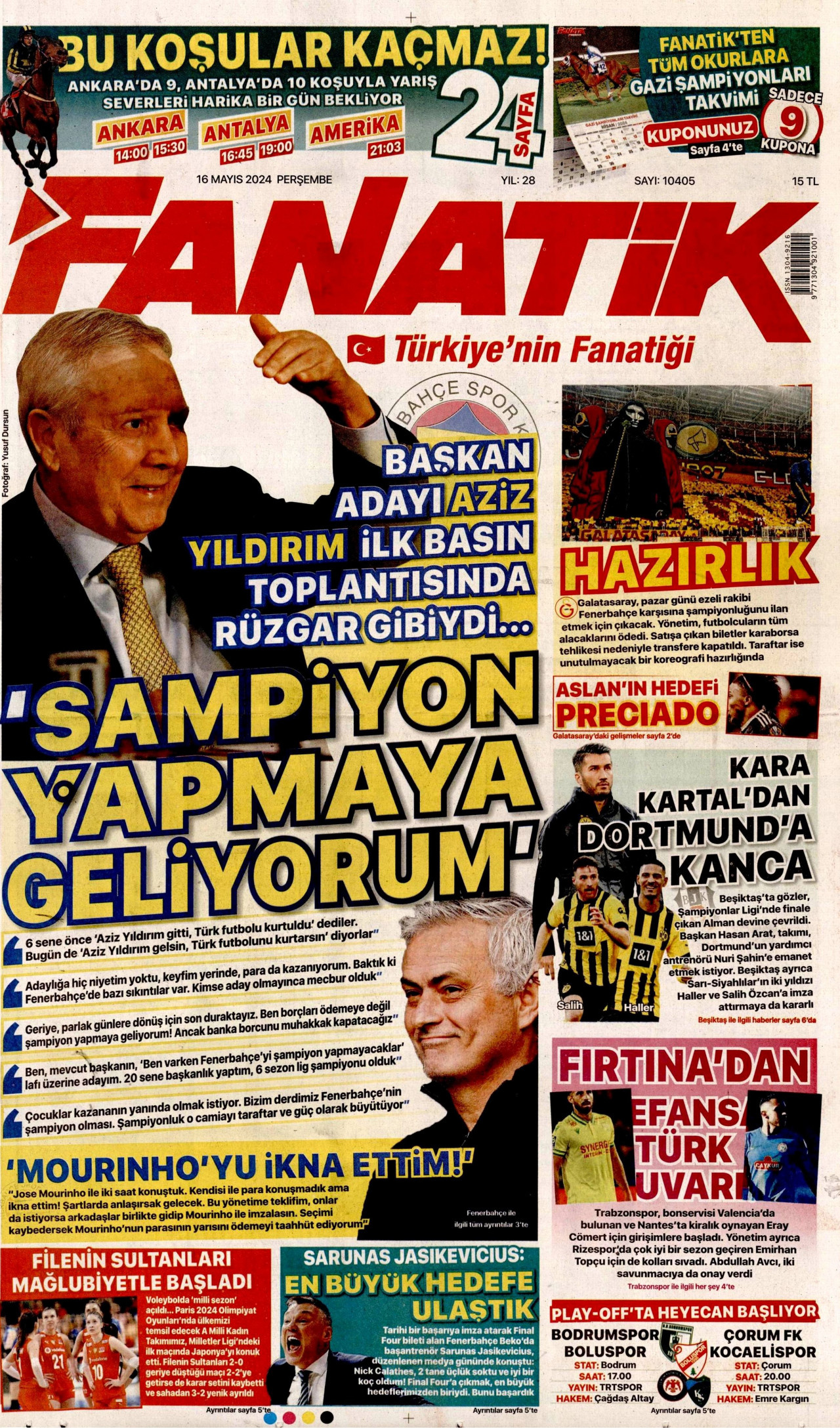 FANATİK gazetesinin 16 Mayıs 2024 tarihli birinci sayfası