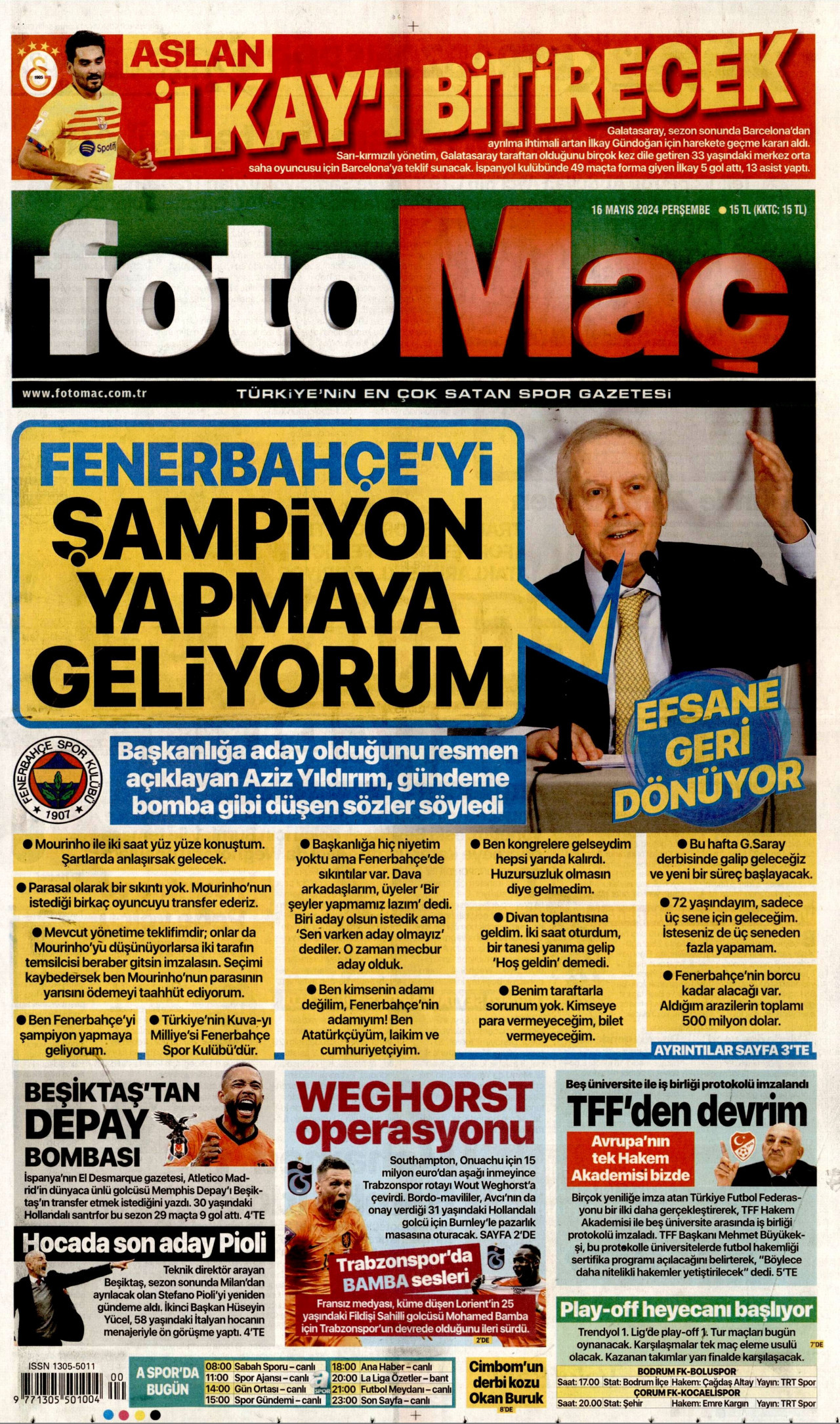 FOTOMAÇ gazetesinin 16 Mayıs 2024 tarihli birinci sayfası