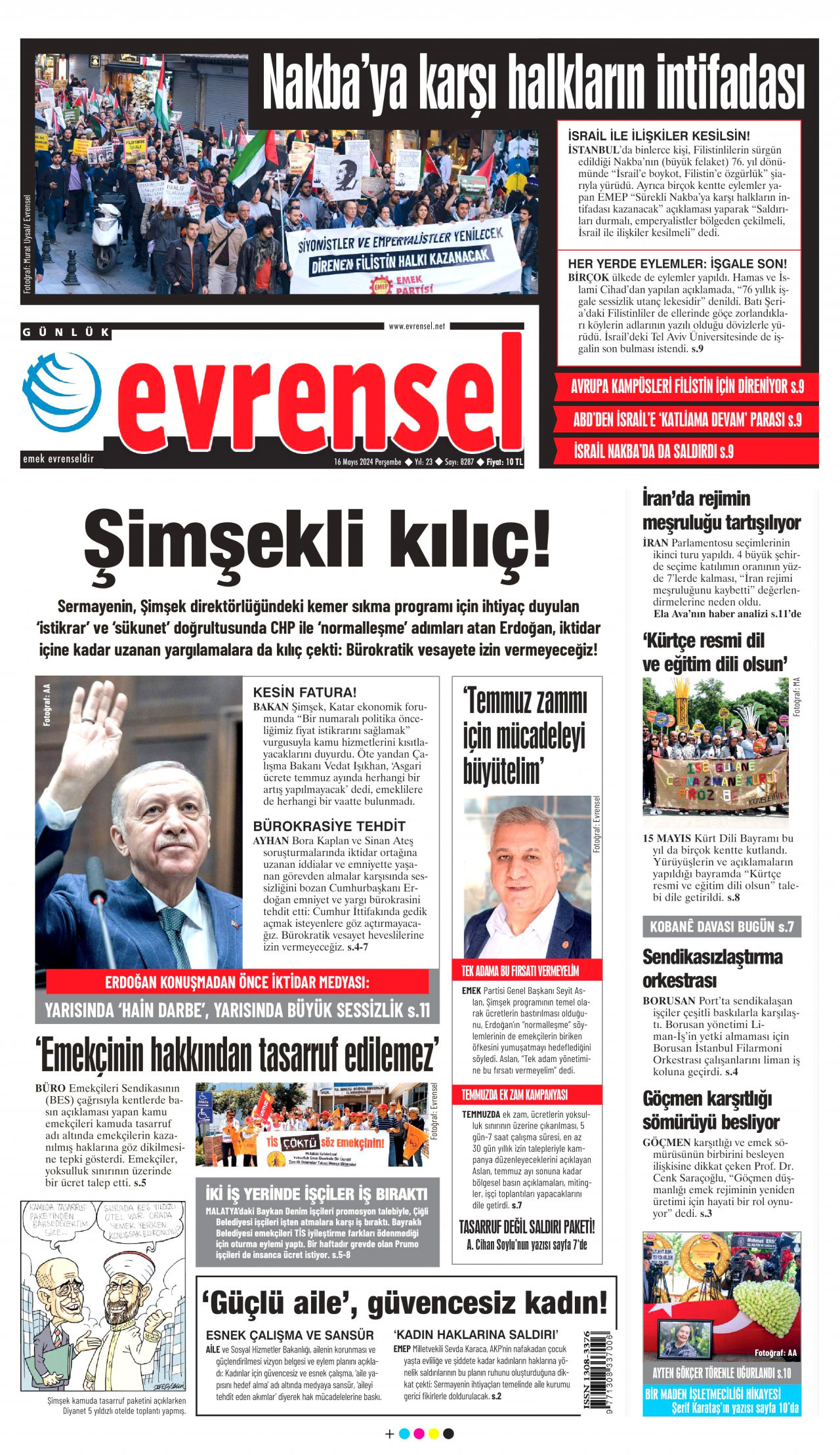 EVRENSEL gazetesinin 16 Mayıs 2024 tarihli birinci sayfası