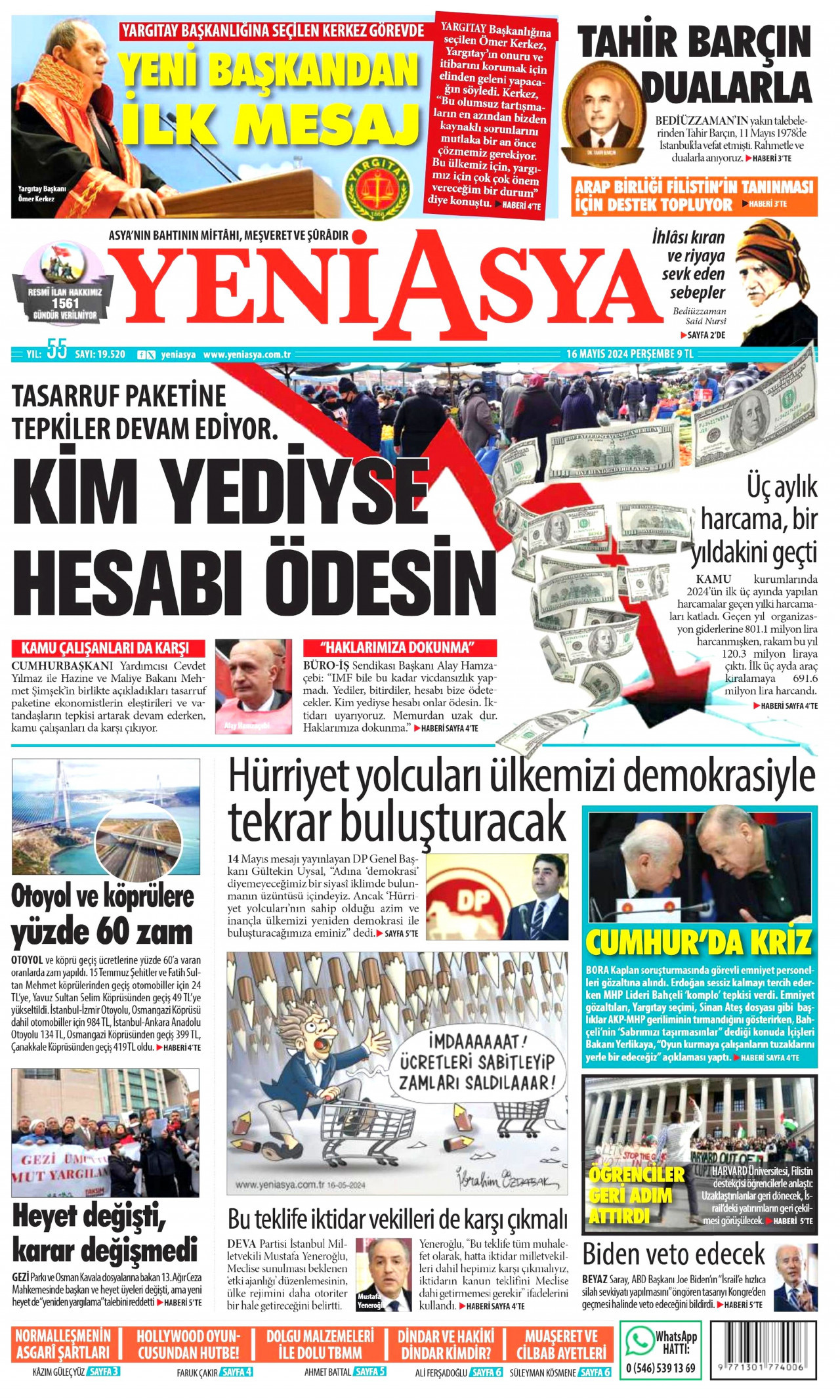 YENİ ASYA gazetesinin 16 Mayıs 2024 tarihli birinci sayfası
