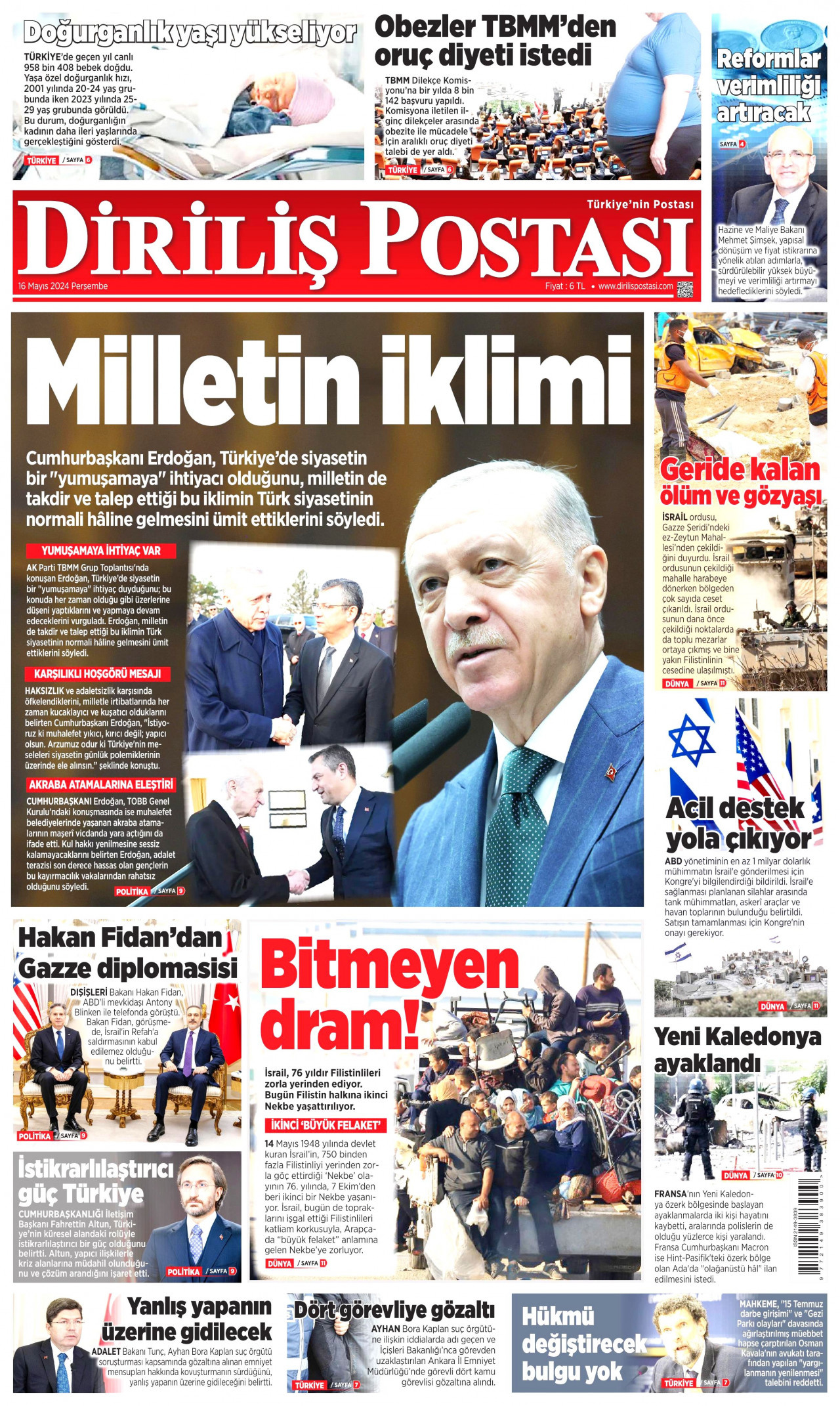 DİRİLİŞ POSTASI gazetesinin 16 Mayıs 2024 tarihli birinci sayfası