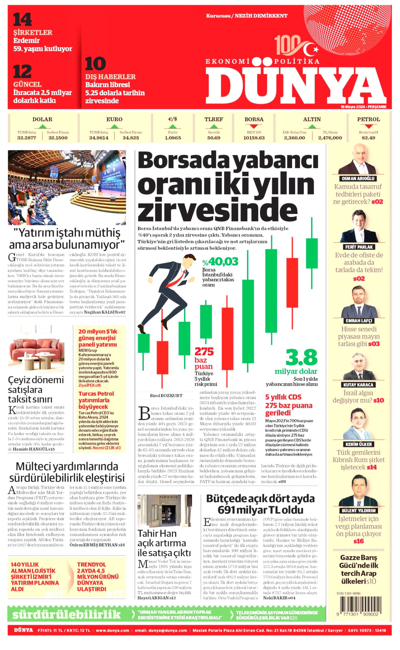 DÜNYA gazetesinin 16 Mayıs 2024 tarihli birinci sayfası