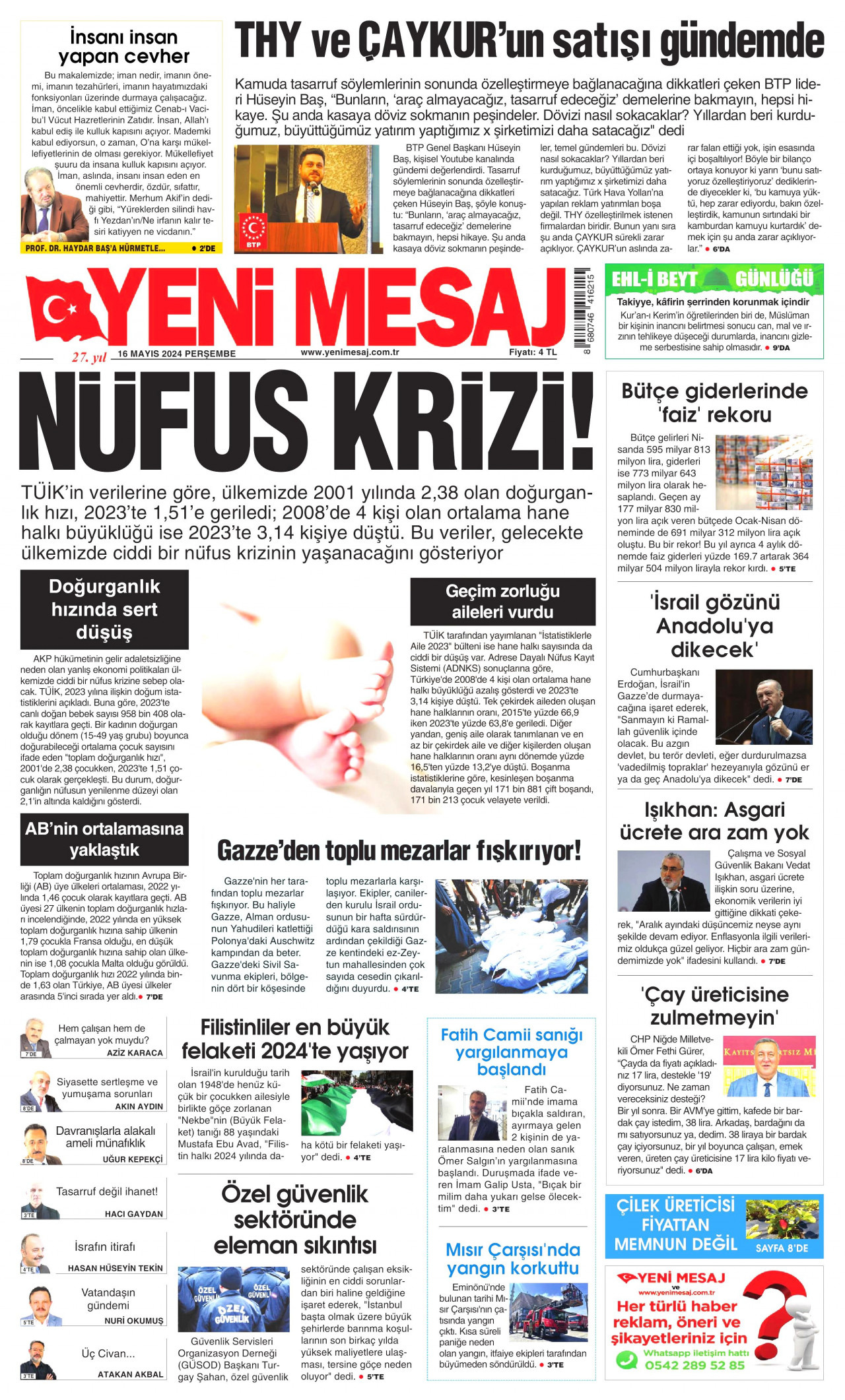 YENİ MESAJ gazetesinin 16 Mayıs 2024 tarihli birinci sayfası
