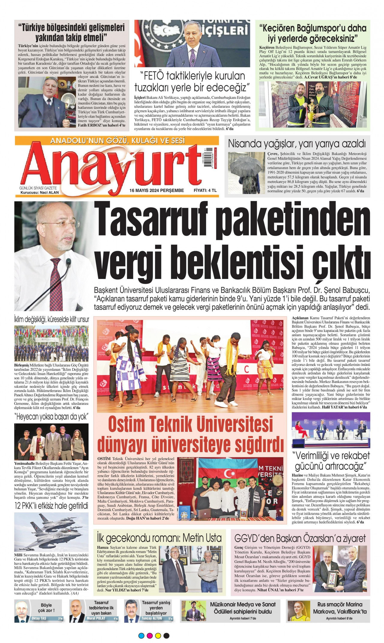 ANAYURT gazetesinin 16 Mayıs 2024 tarihli birinci sayfası