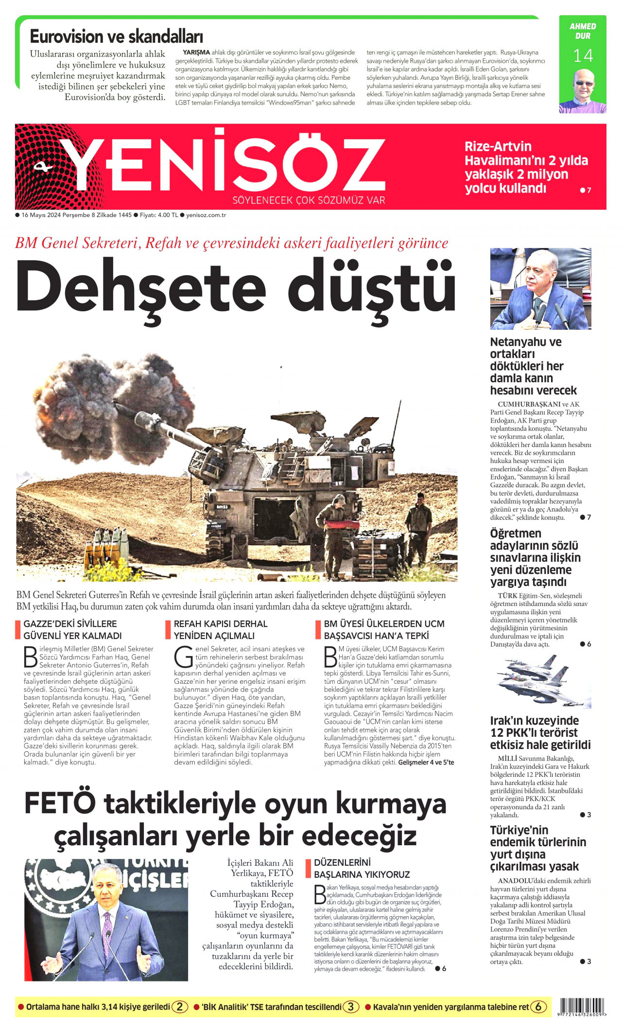 YENİ SÖZ GAZETESİ gazetesinin 16 Mayıs 2024 tarihli birinci sayfası