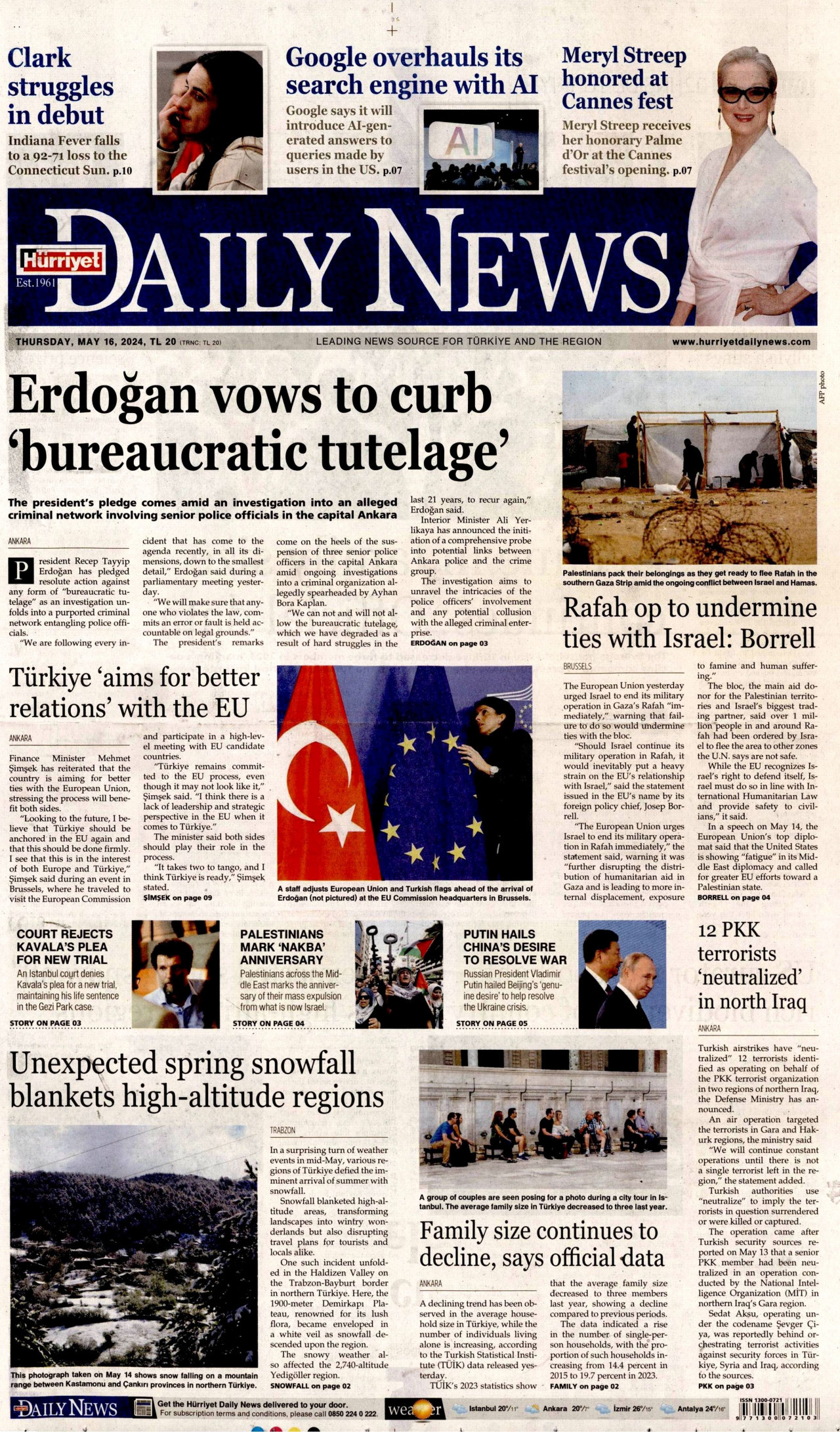 HÜRRİYET DAİLY NEWS gazetesinin 16 Mayıs 2024 tarihli birinci sayfası