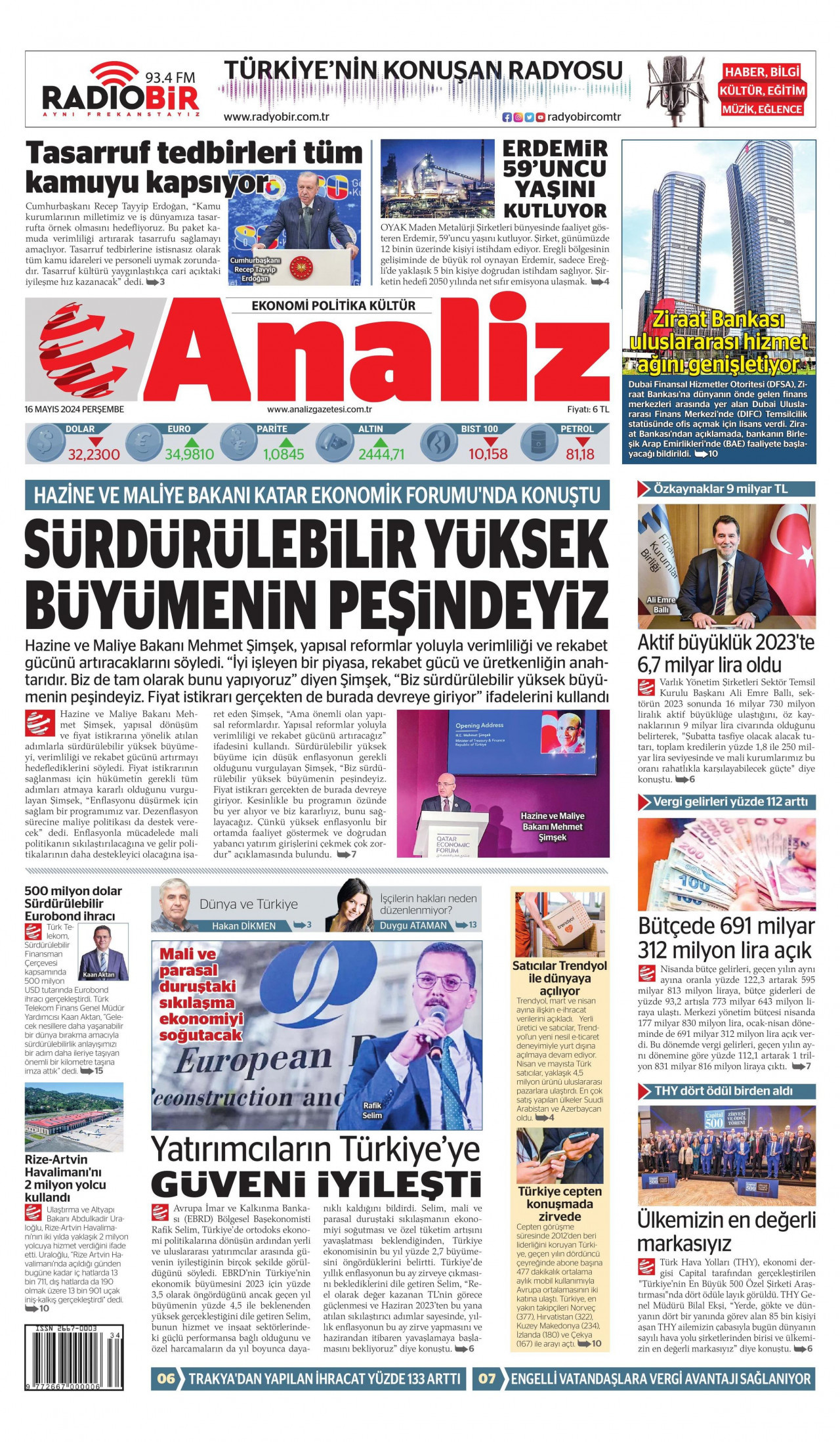 ANALİZ gazetesinin 16 Mayıs 2024 tarihli birinci sayfası