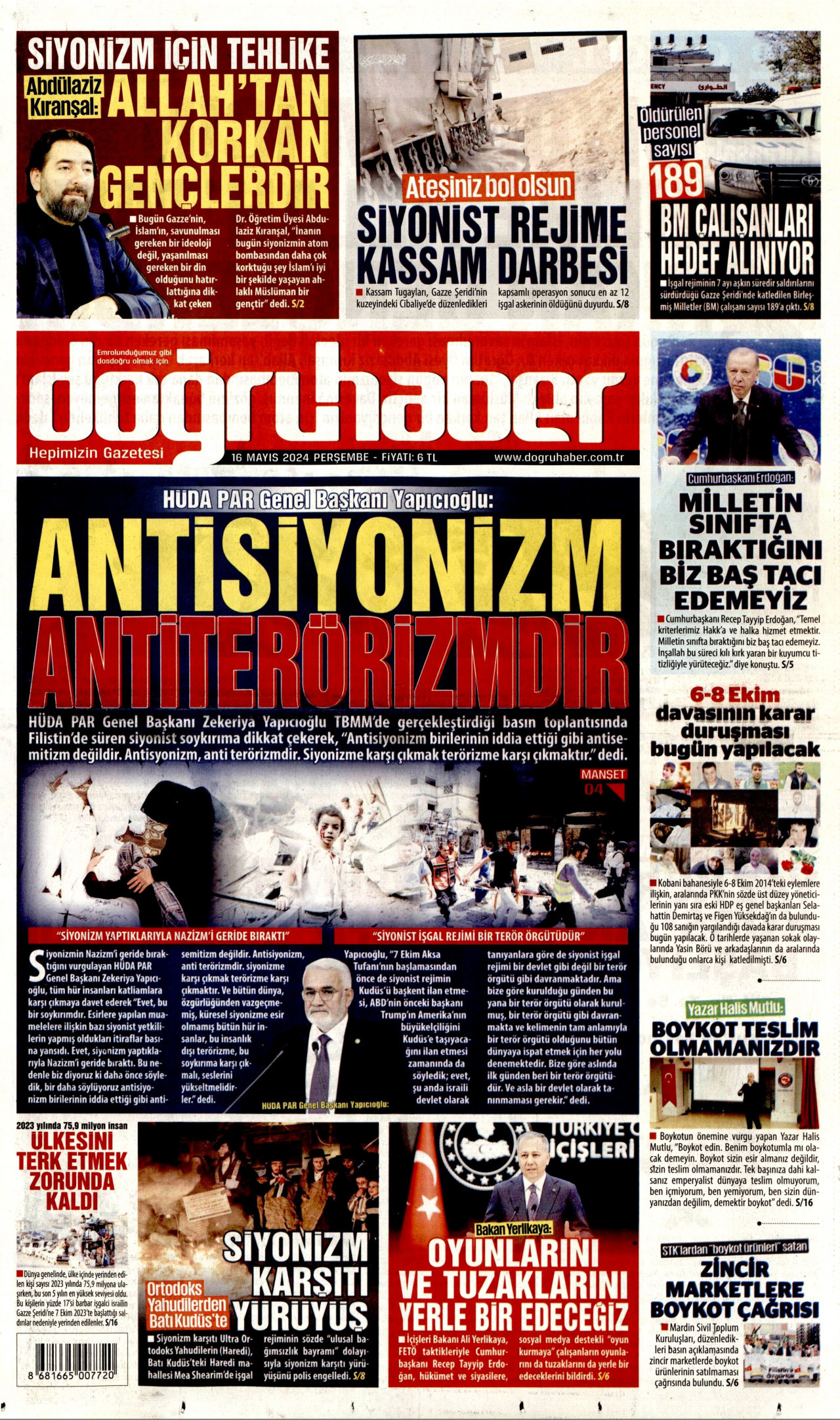 DOĞRU HABER gazetesinin 16 Mayıs 2024 tarihli birinci sayfası