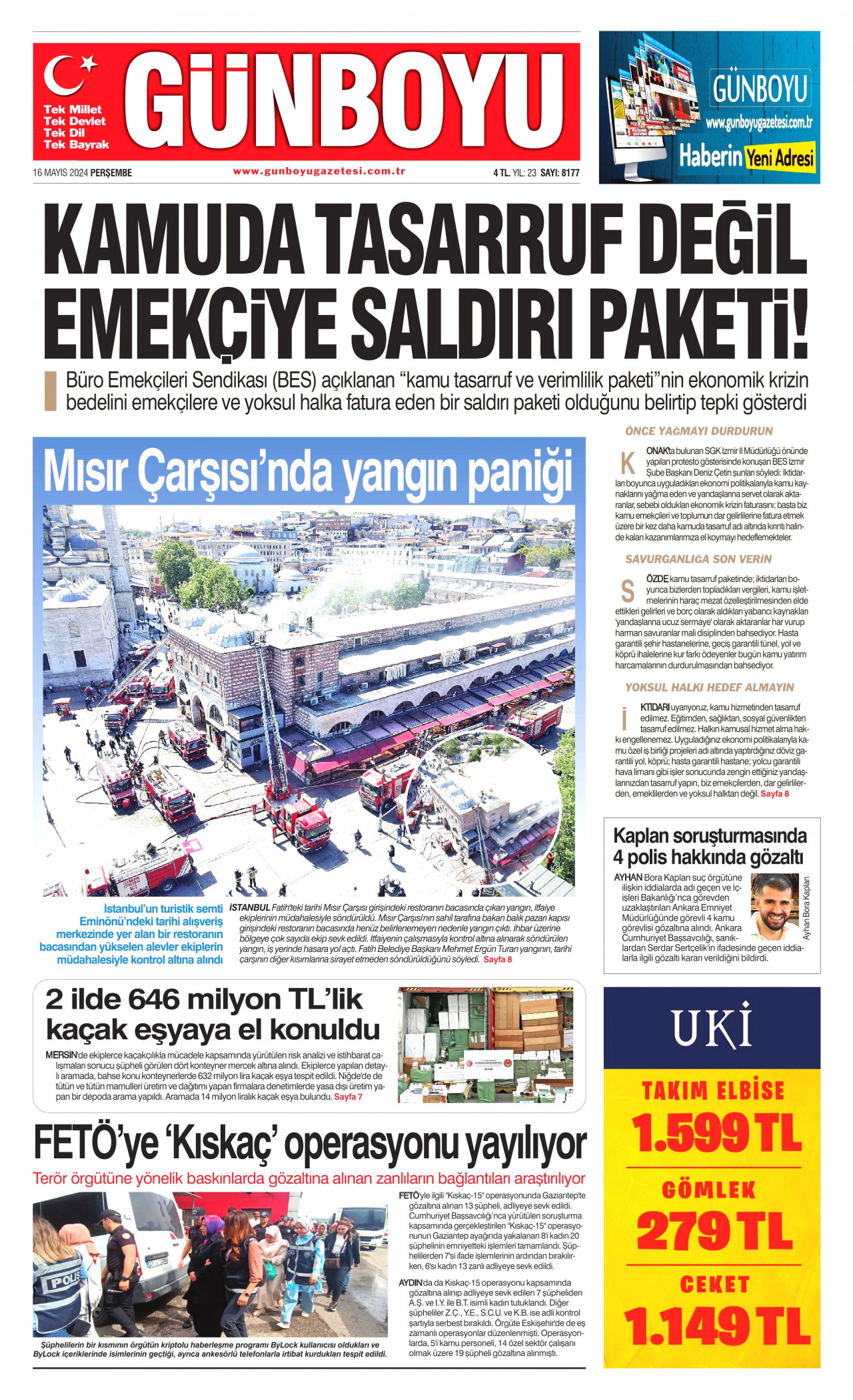 GÜNBOYU gazetesinin 16 Mayıs 2024 tarihli birinci sayfası