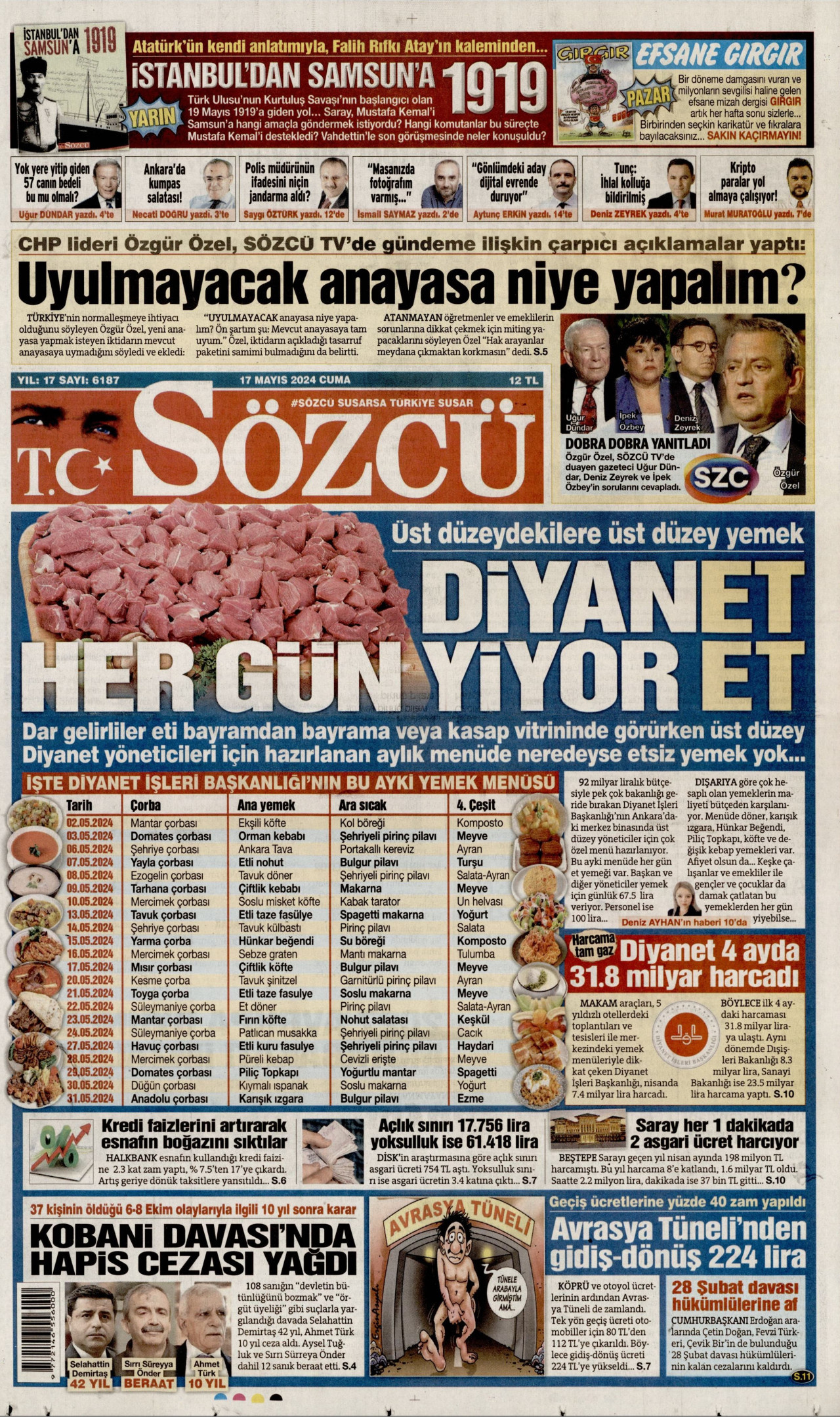 SÖZCÜ gazetesinin 17 Mayıs 2024 tarihli birinci sayfası